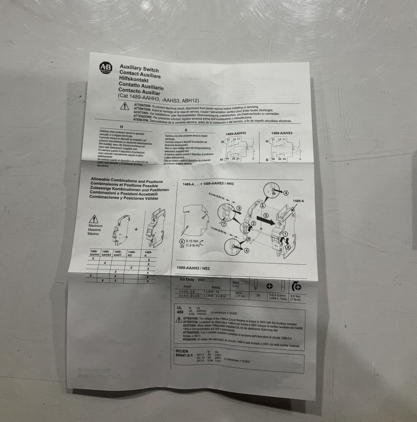 A-B ALLEN-BRADLEY  1489-AAHH3 AUXILIARY CONTACTOR  CIRCUIT BREAKER  230V  U3S