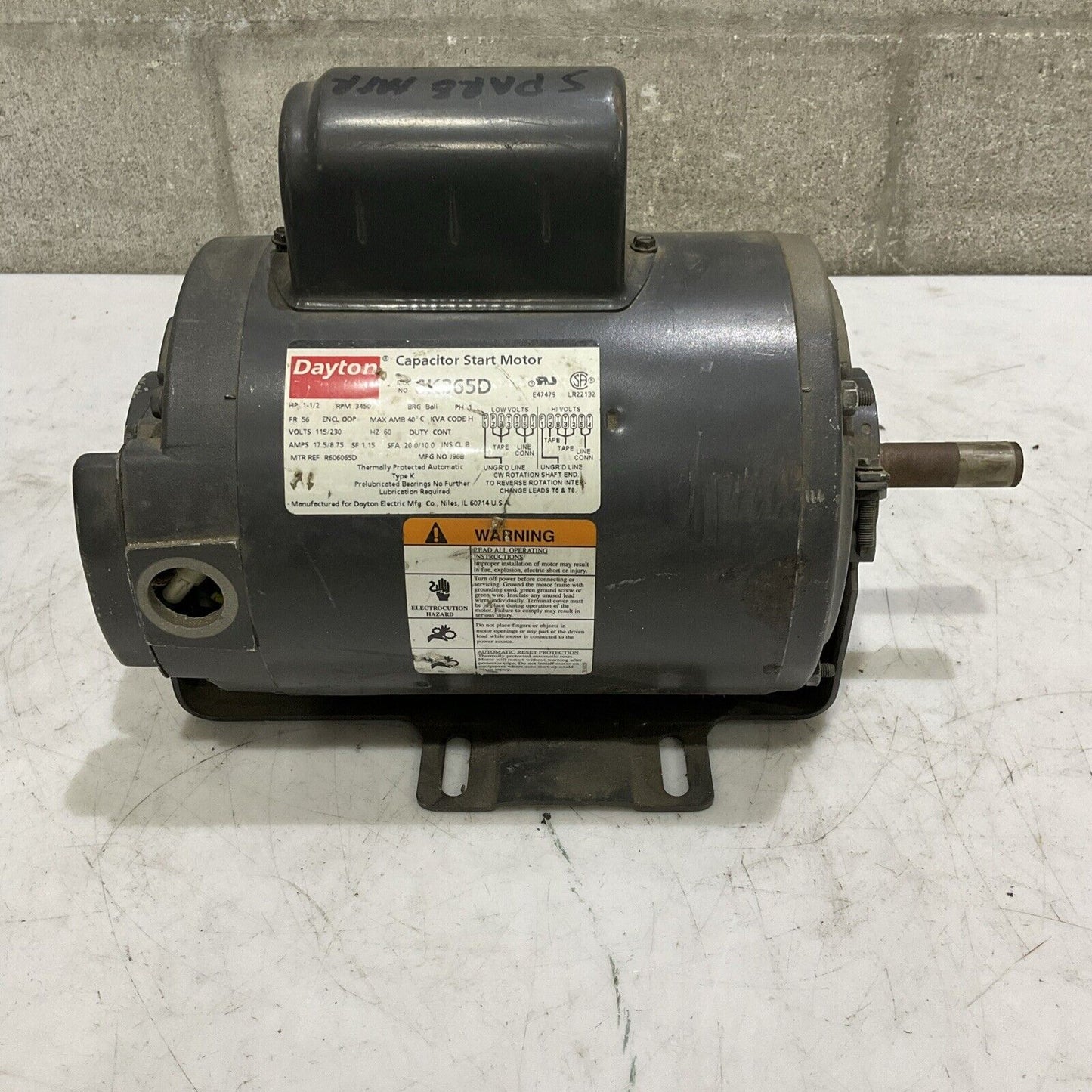 DAYTON 6K365D CAPACITOR START MOTOR 1-1/2HP 3450RPM 115/230V 60HZ RM6