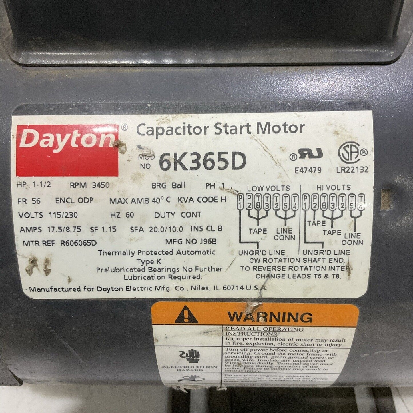 DAYTON 6K365D CAPACITOR START MOTOR 1-1/2HP 3450RPM 115/230V 60HZ RM6