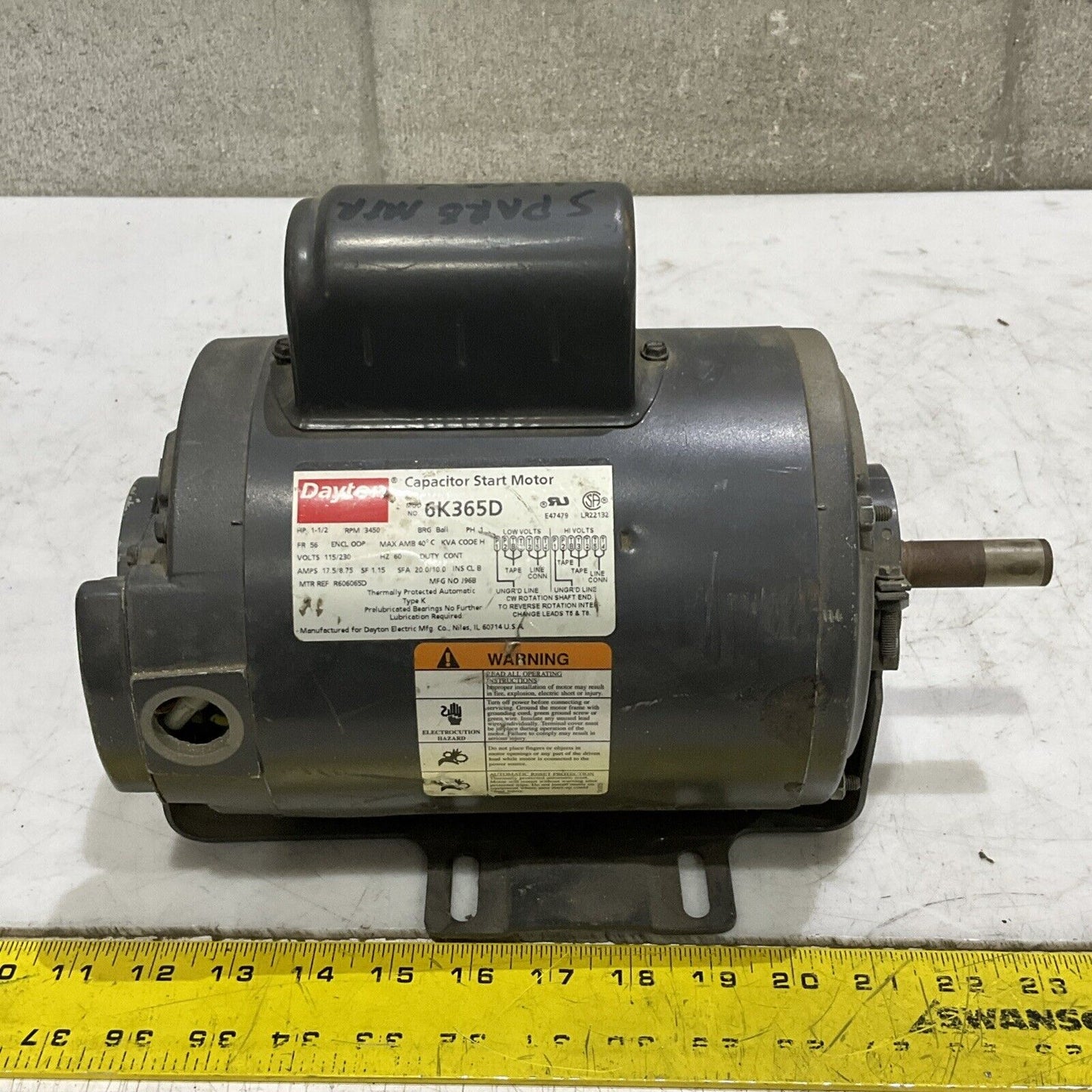 DAYTON 6K365D CAPACITOR START MOTOR 1-1/2HP 3450RPM 115/230V 60HZ RM6