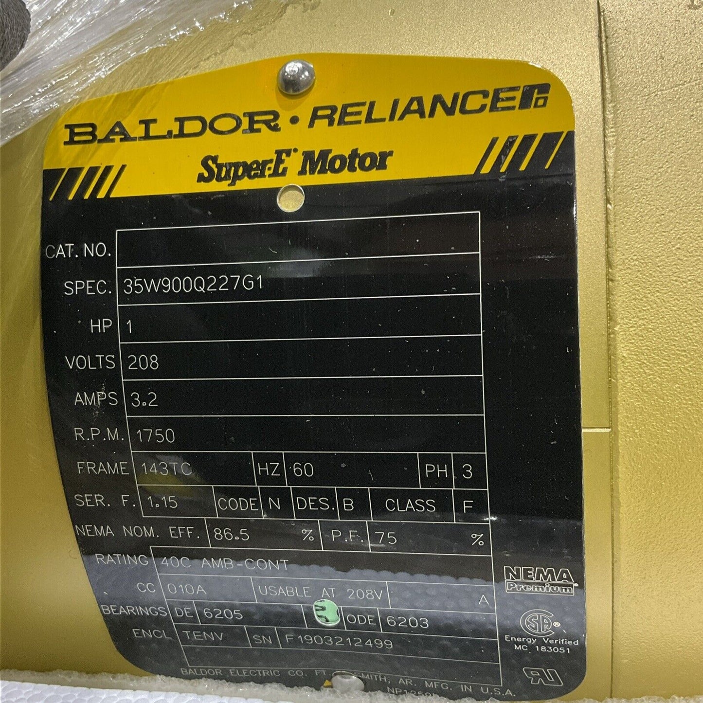 BALDOR RELIANCE 21256500 SUPER E MOTOR 60 HZ 3 PH 1 HP 208 V 1750 RPM U3S