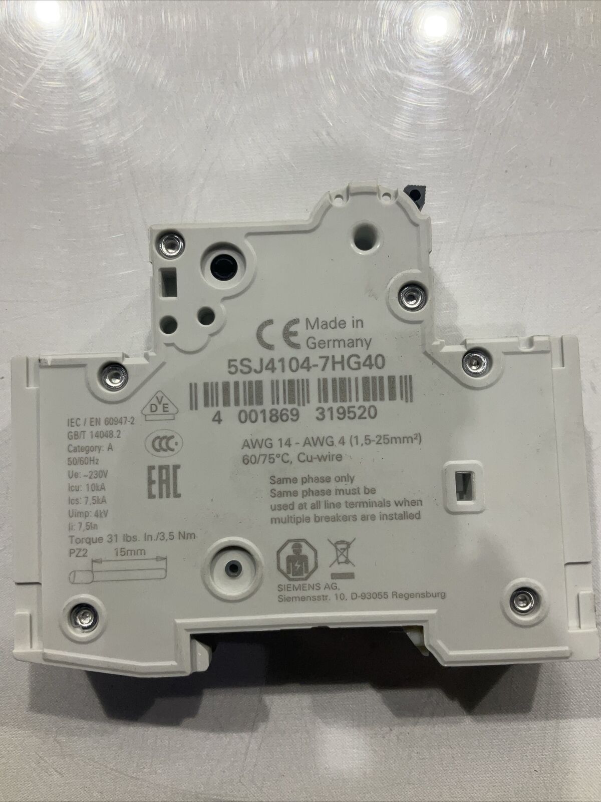 SIEMENS 5SJ4104-7HG40  CIRCUIT BREAKER 4A 1P 240V U3s