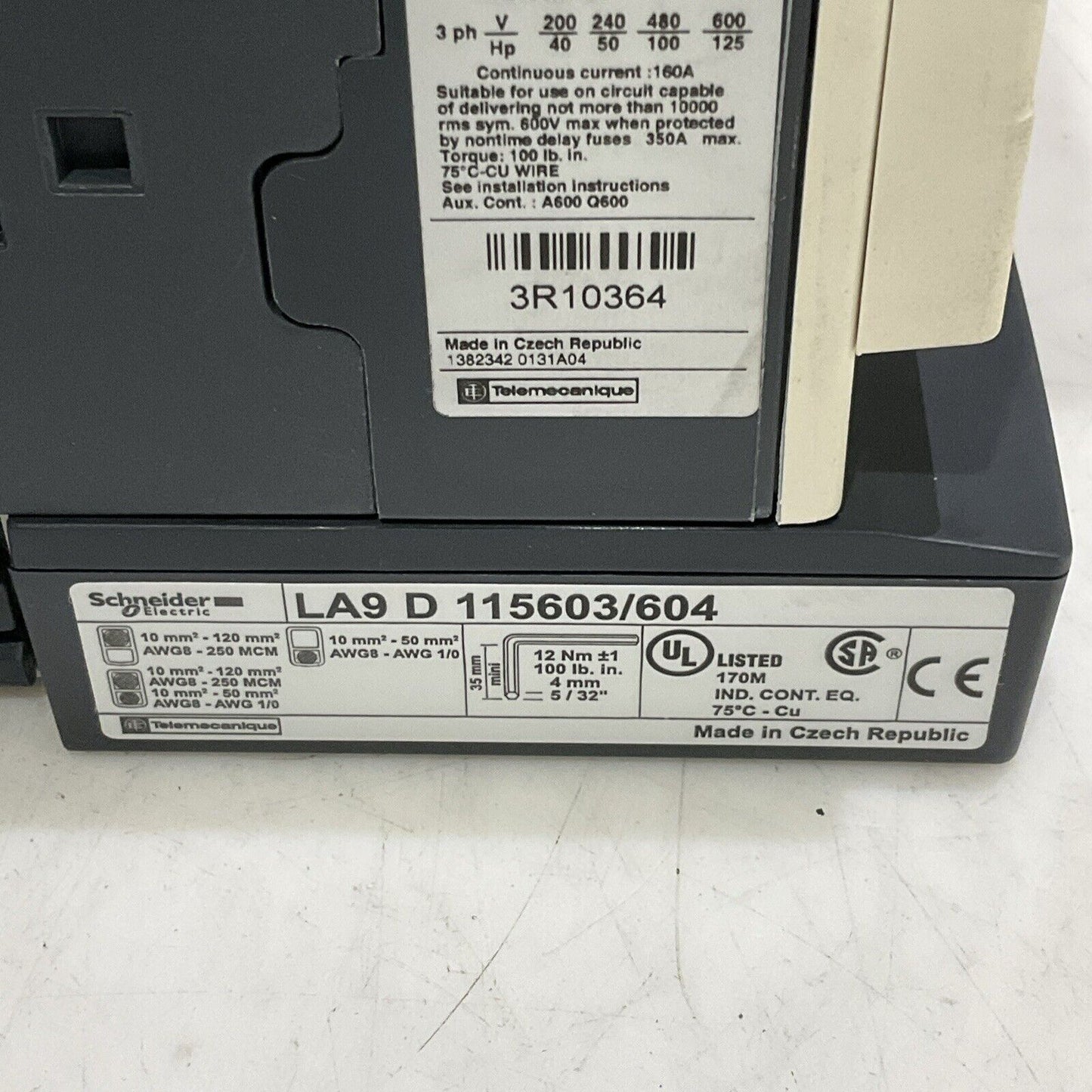 SCHEIDER ELECTRIC LC1D150 LA9D115603/604 CONTACTOR 3P 120V 150A U3S