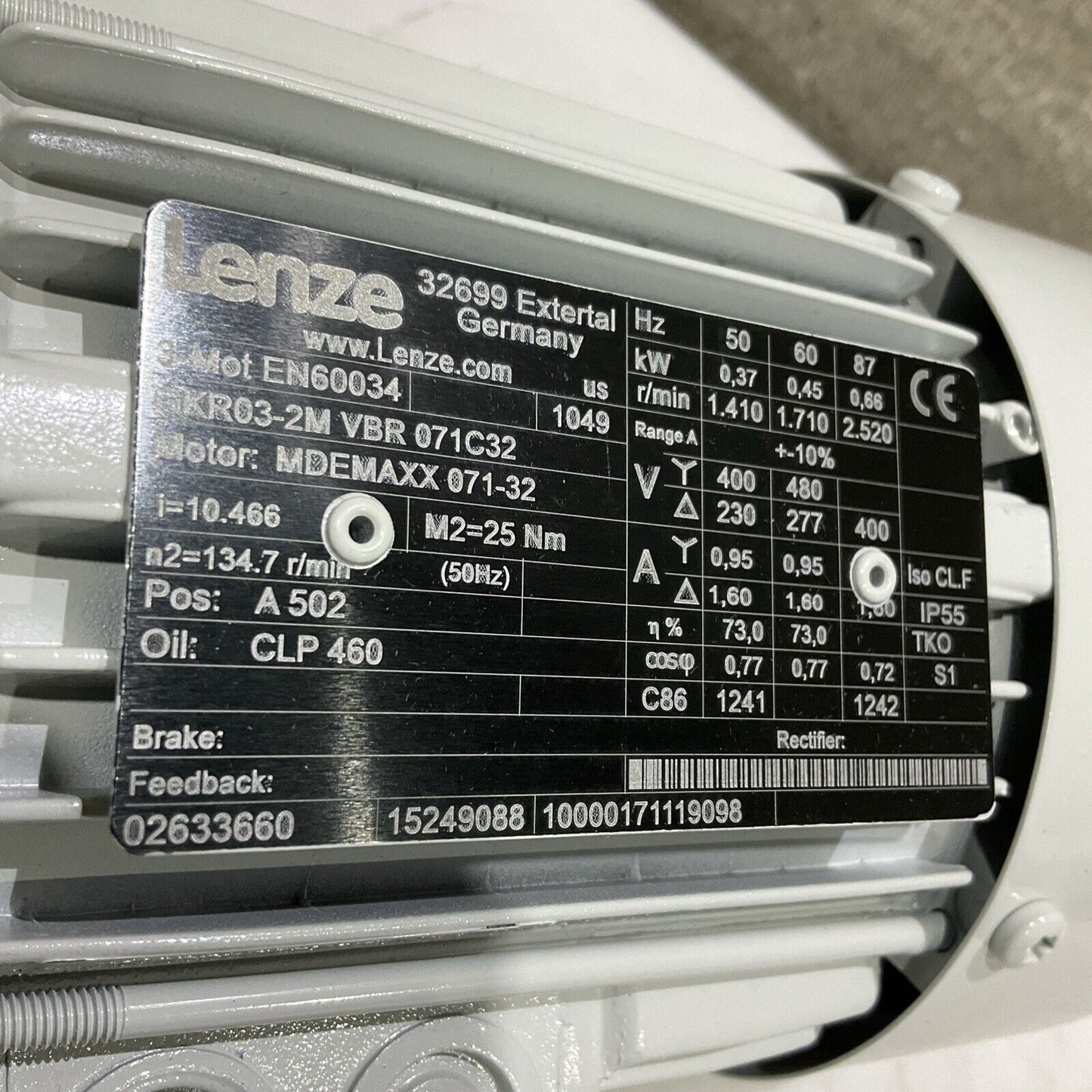 LENZE 3-MOT EN60034 GKR03-2M VBR 071C32 MDEMAXX 071-32 GEAR MOTOR 50/60 HZ U3S