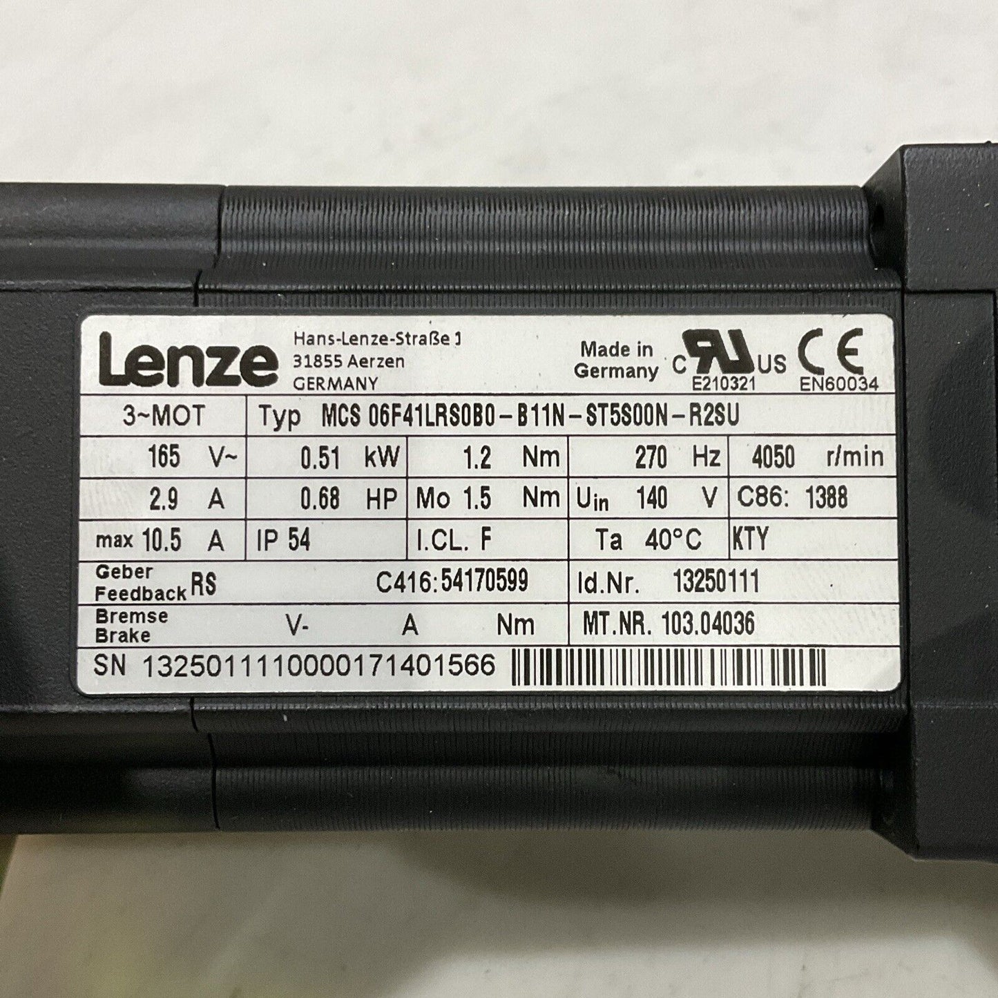 LENZE MCS 06F41LRS0B0-B11N-ST5S00N-R2SUB SERVO MOTOR 165V 2.9A 10.5 A U3S