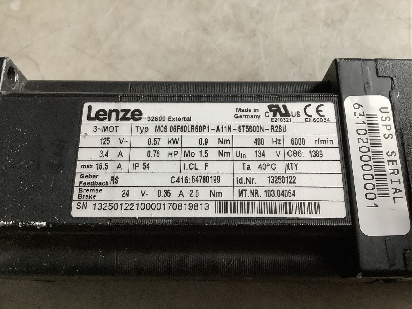 LENZE MCS 06F60LRS0P1-A11N-ST5S00N-R2SU SERVO MOTOR 125V 0.76HP 6000RPM U3S