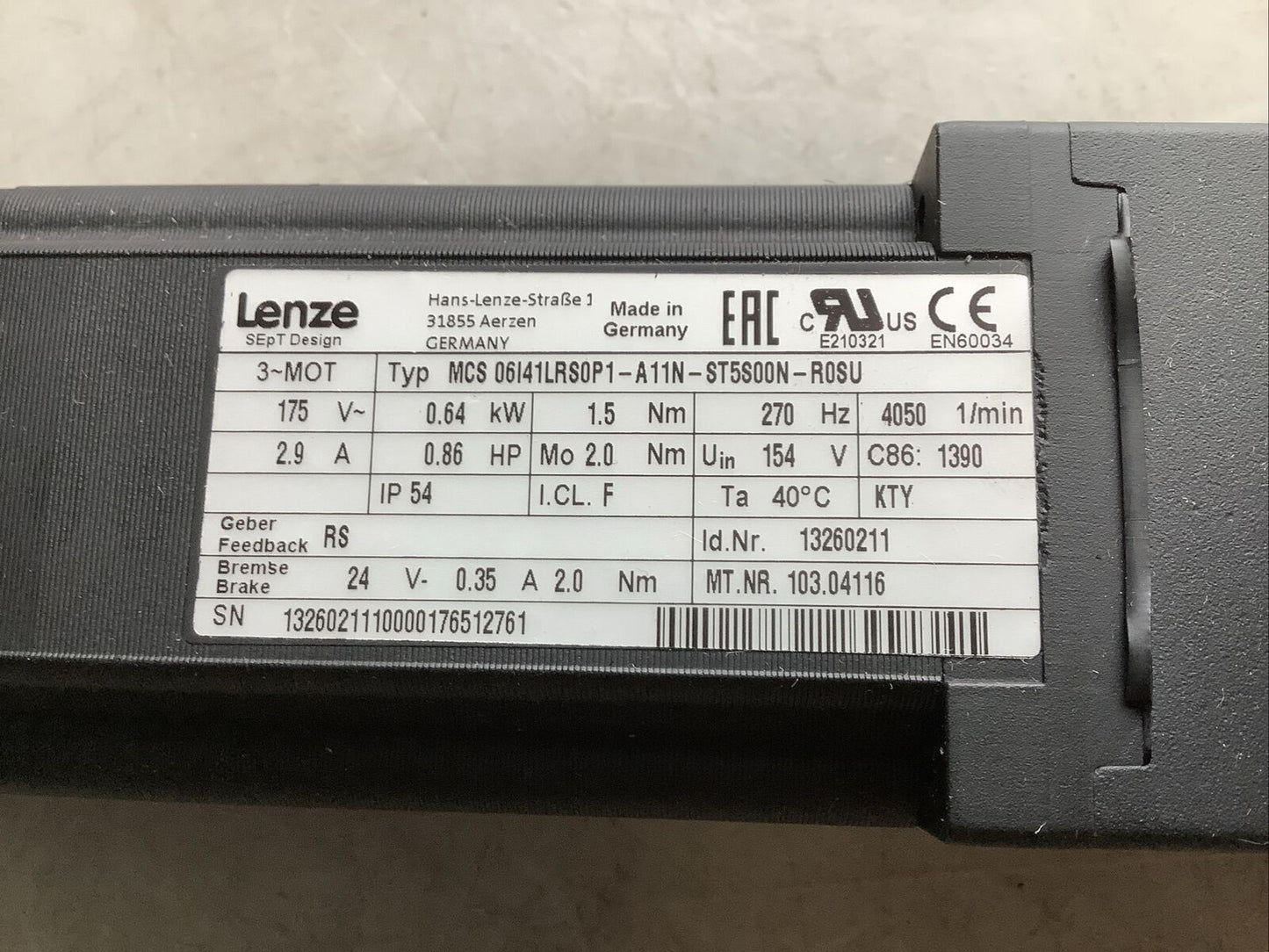 LENZE MCS 06I41LRS0P1-A11N-ST5S00N-R0SU SERVO MOTOR 0.86HP 175V 4050RPM U3S