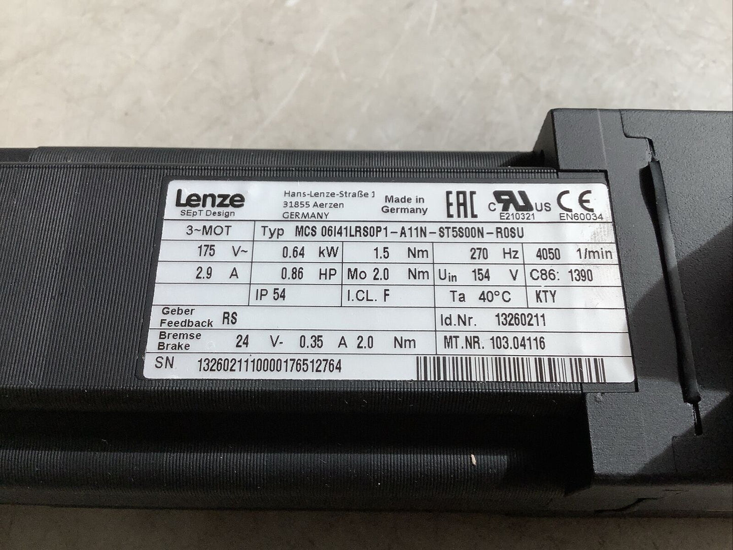 LENZE MCS 06I41LRS0P1-A11N-ST5S00N-R0SU SERVO MOTOR 0.86HP 175V 4050RPM U3S