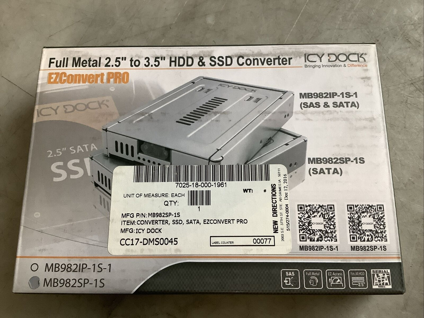 ICY DOCK MB982IP-1S-1 HDD SSD CONVERTER 2.5IN TO 3.5IN U3S