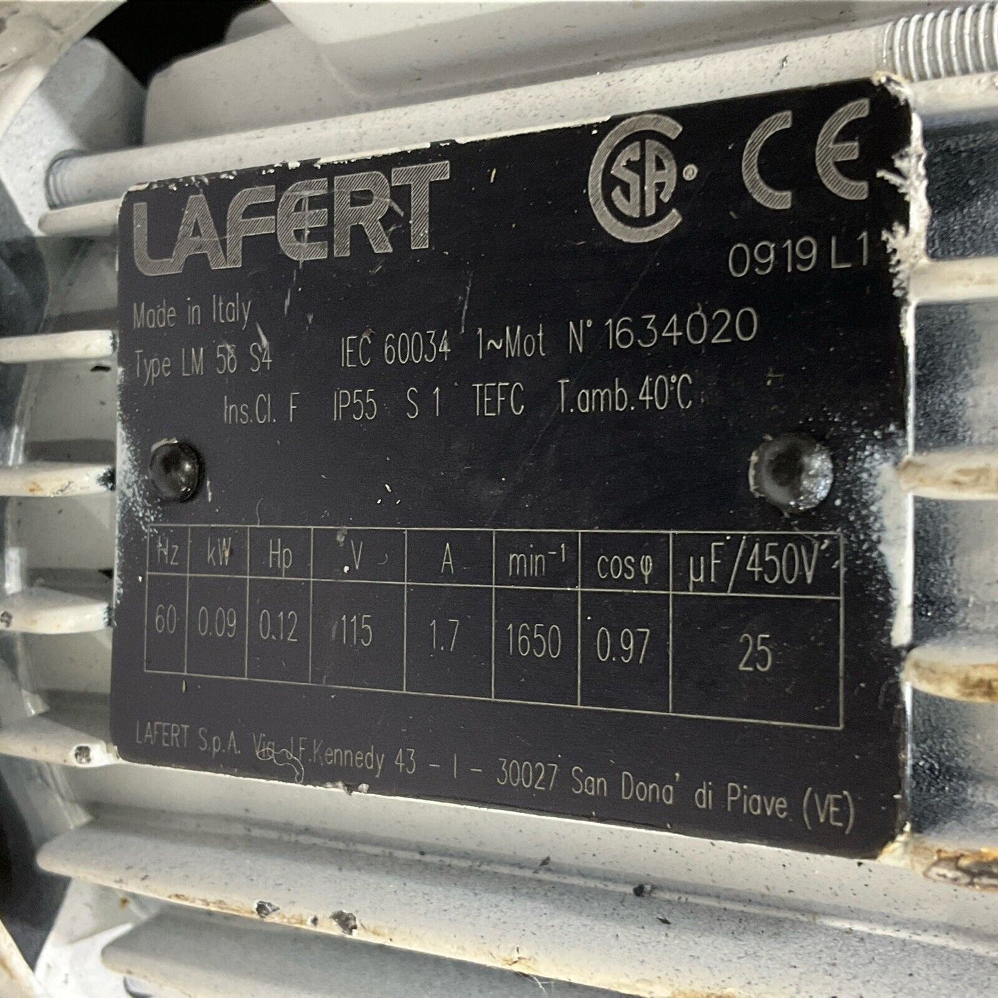 LAFERT 1634020 ELECTRIC MOTOR TYPE LM 56 S4 60 HZ .09 KW .12 HP 115 V 1.7 A U4M