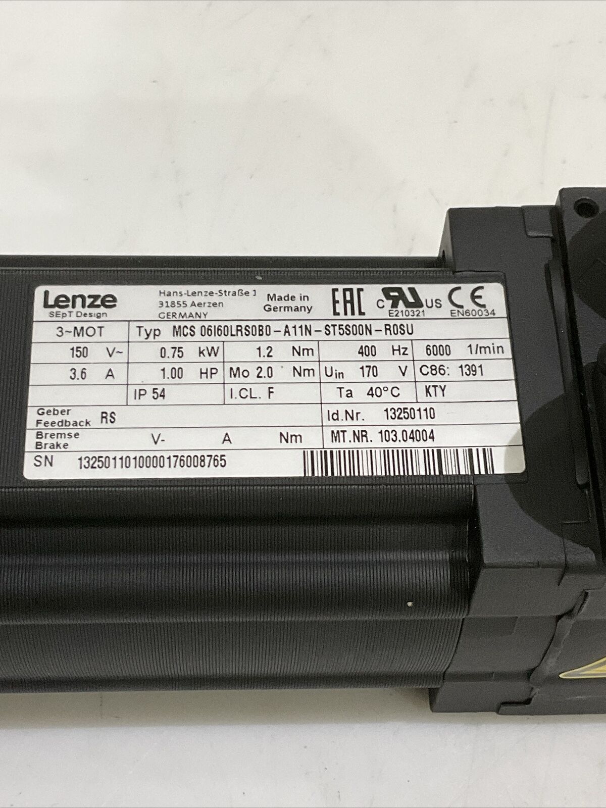 LENZE MCS 06160LRS0B0-A11N-ST5S00N-R0SU SERVO MOTOR 150V .75 KW 1 HP 400HZ U3S