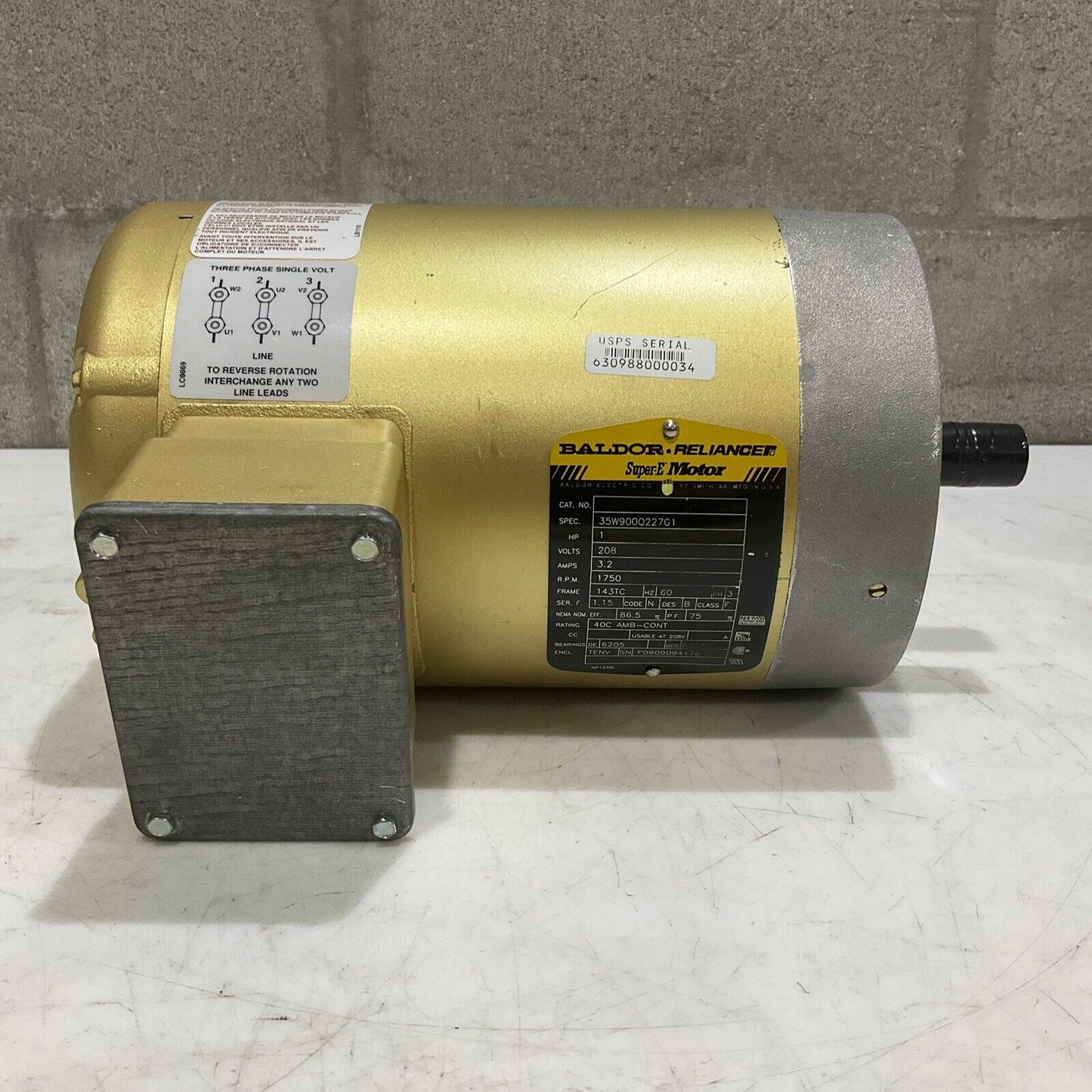 BALDOR RELIANCE 35W900Q227G1 ELECTRIC SUPER MOTOR 1HP 208V 3.2A 1750RPM 60HZ U3S