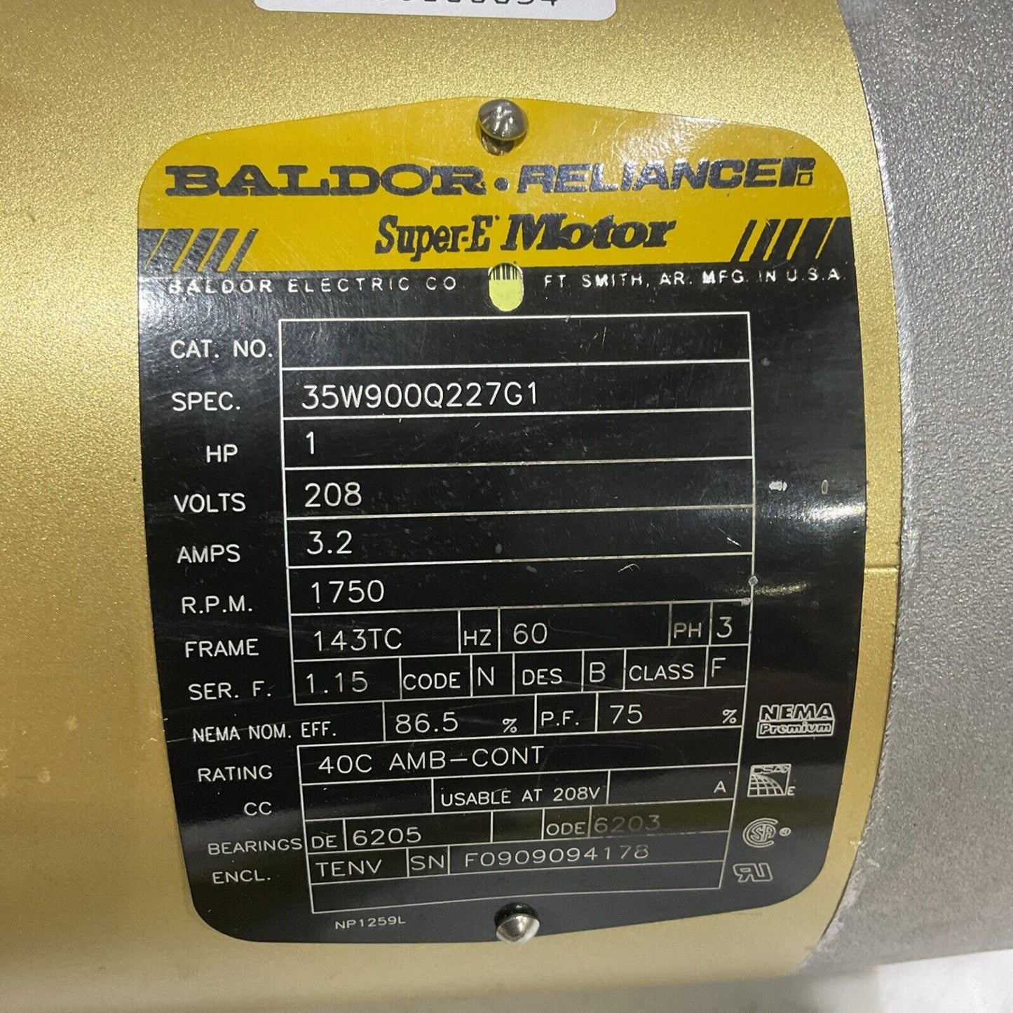 BALDOR RELIANCE 35W900Q227G1 ELECTRIC SUPER MOTOR 1HP 208V 3.2A 1750RPM 60HZ U3S