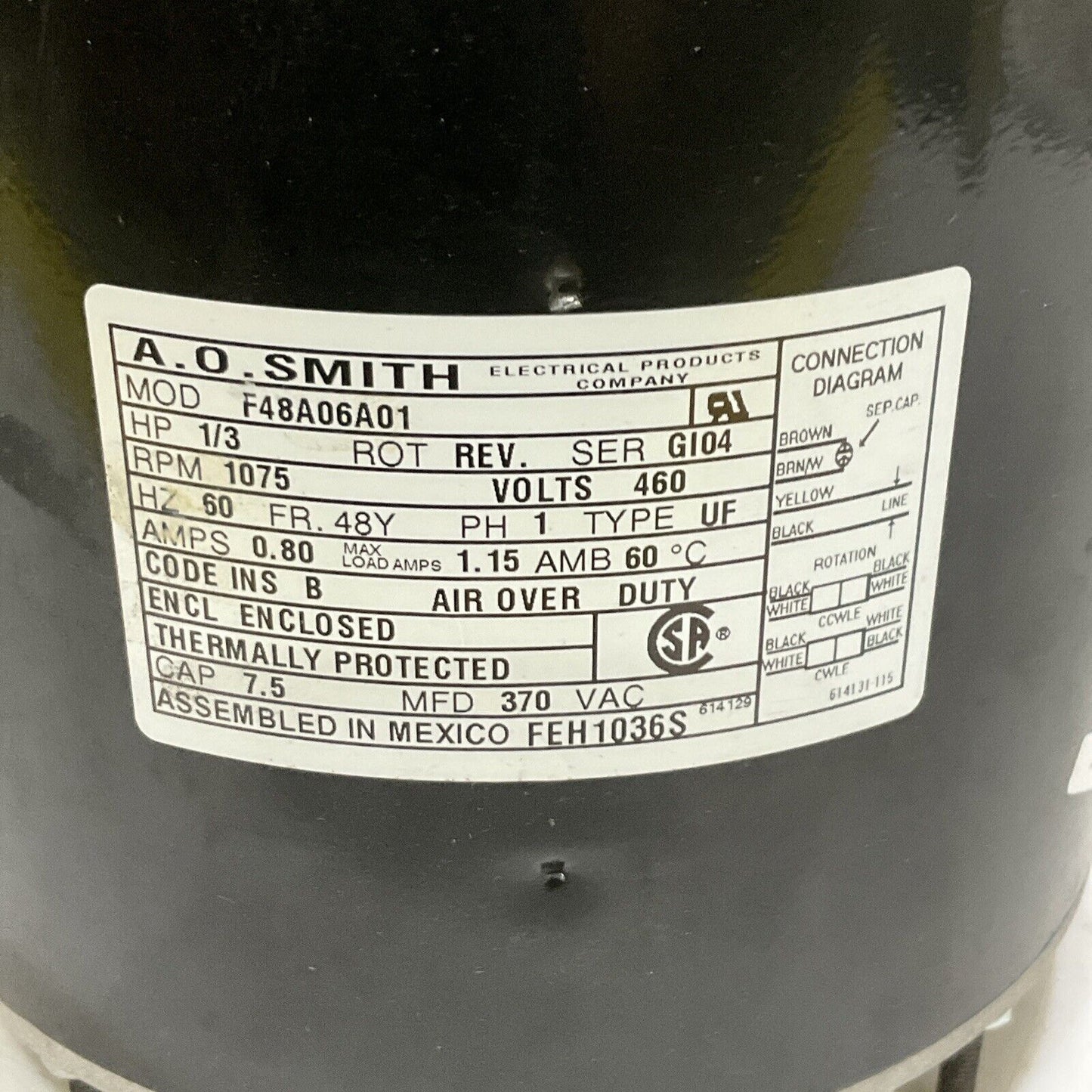 A.O. SMITH F48A06A01 FEH1036S 4ME16 REV. AC MOTOR 1/3HP 460V .80A 1075 RPM 373