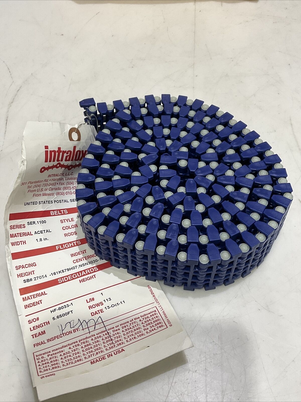 INTRALOX HF-8033-1 TABBED BELT 113 LINKS 5.60 FT X 1.8 IN BLUE NYLON 113 ROWSU3S