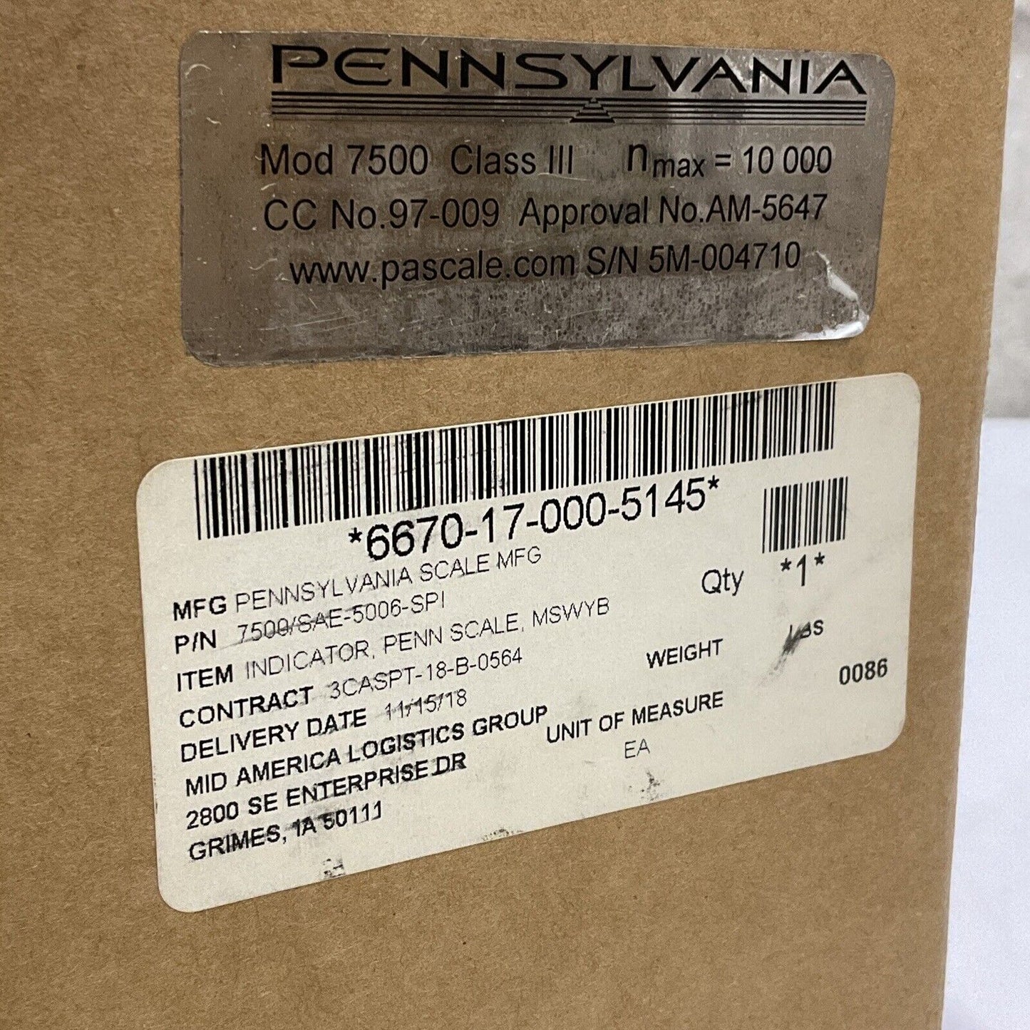 PENNSYLVANIA 7500 SAE-5006-SPI MSWYB INDICATOR SCALE MODEL 7500 CLASS III U3S