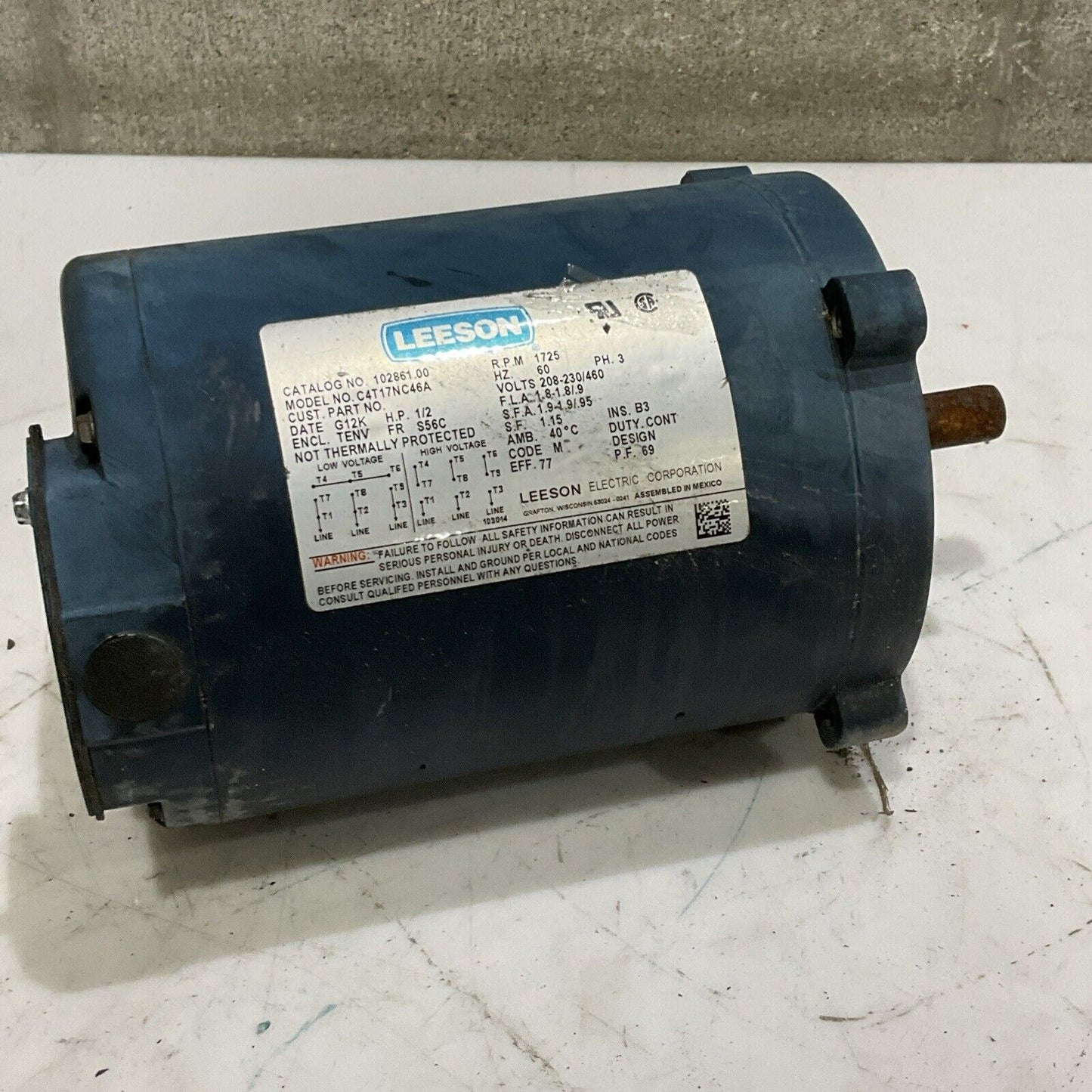 LEESON C4T17NC46A 102861.00 MOTOR 1725 RPM 60HZ PH 3 460 V U4M