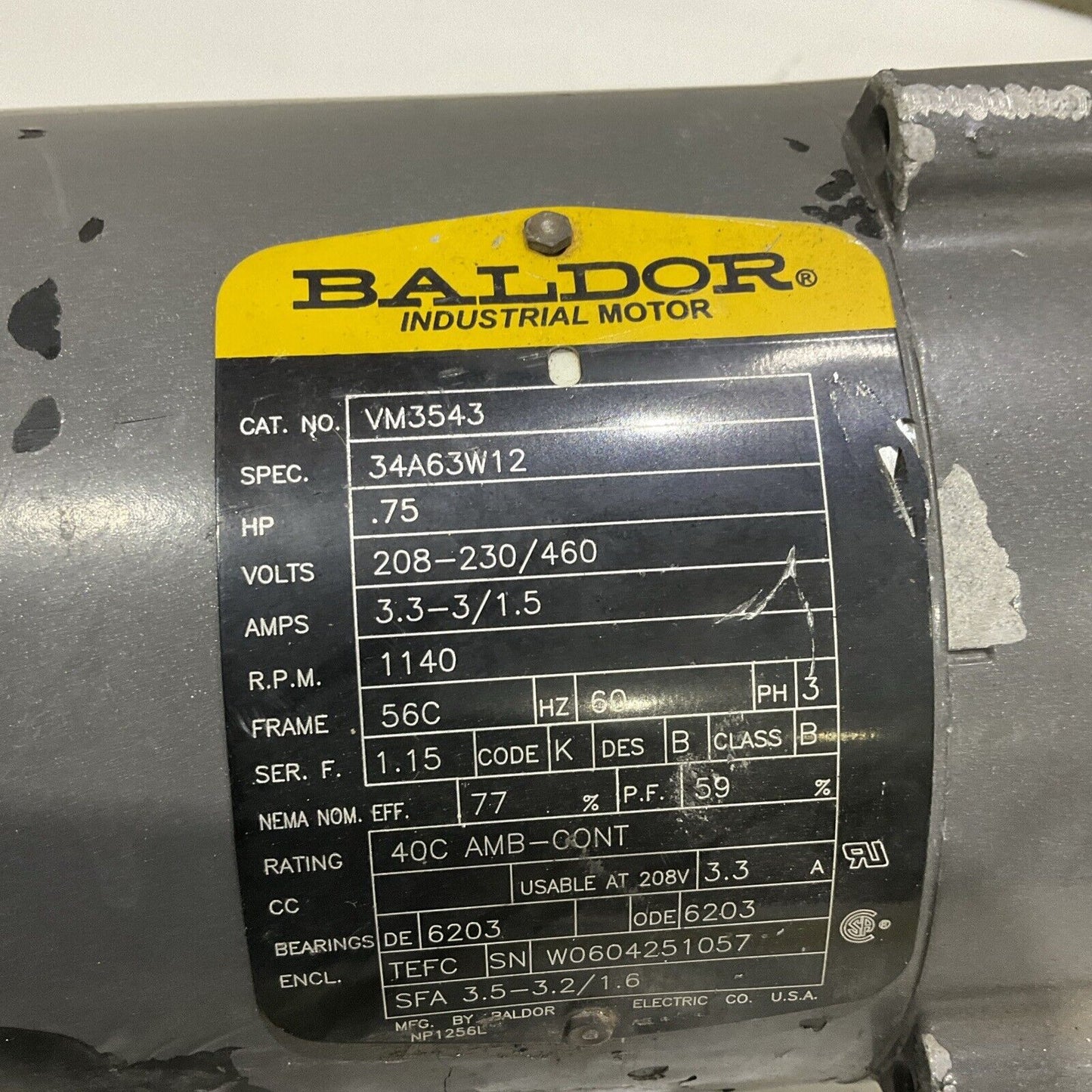 BALDOR DODGE VM3543 INDUSTRIAL MOTOR .75 HP 460V 1140 RPM U4M