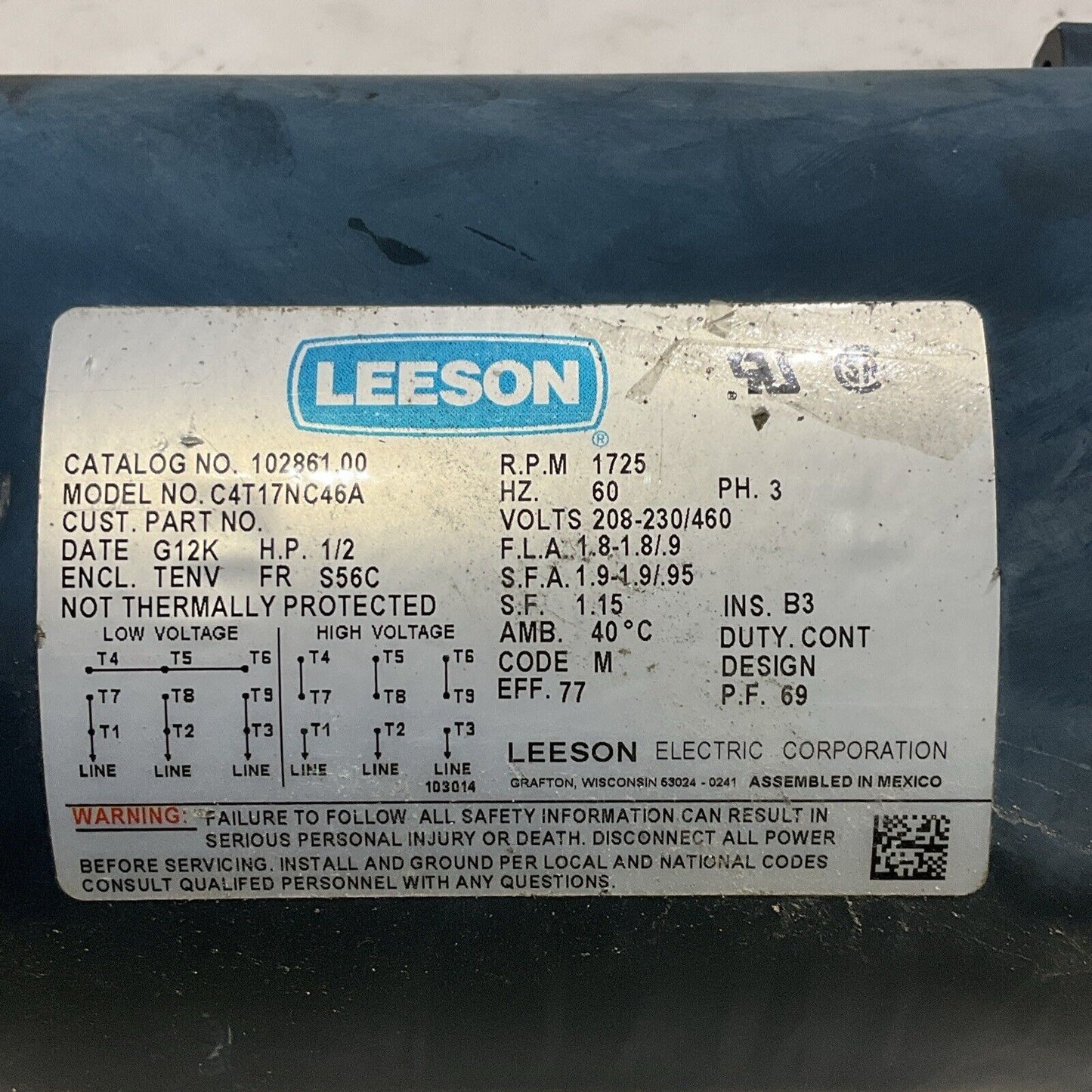 LEESON C4T17NC46A 102861.00 MOTOR 1725 RPM 60HZ PH 3 460 V U4M