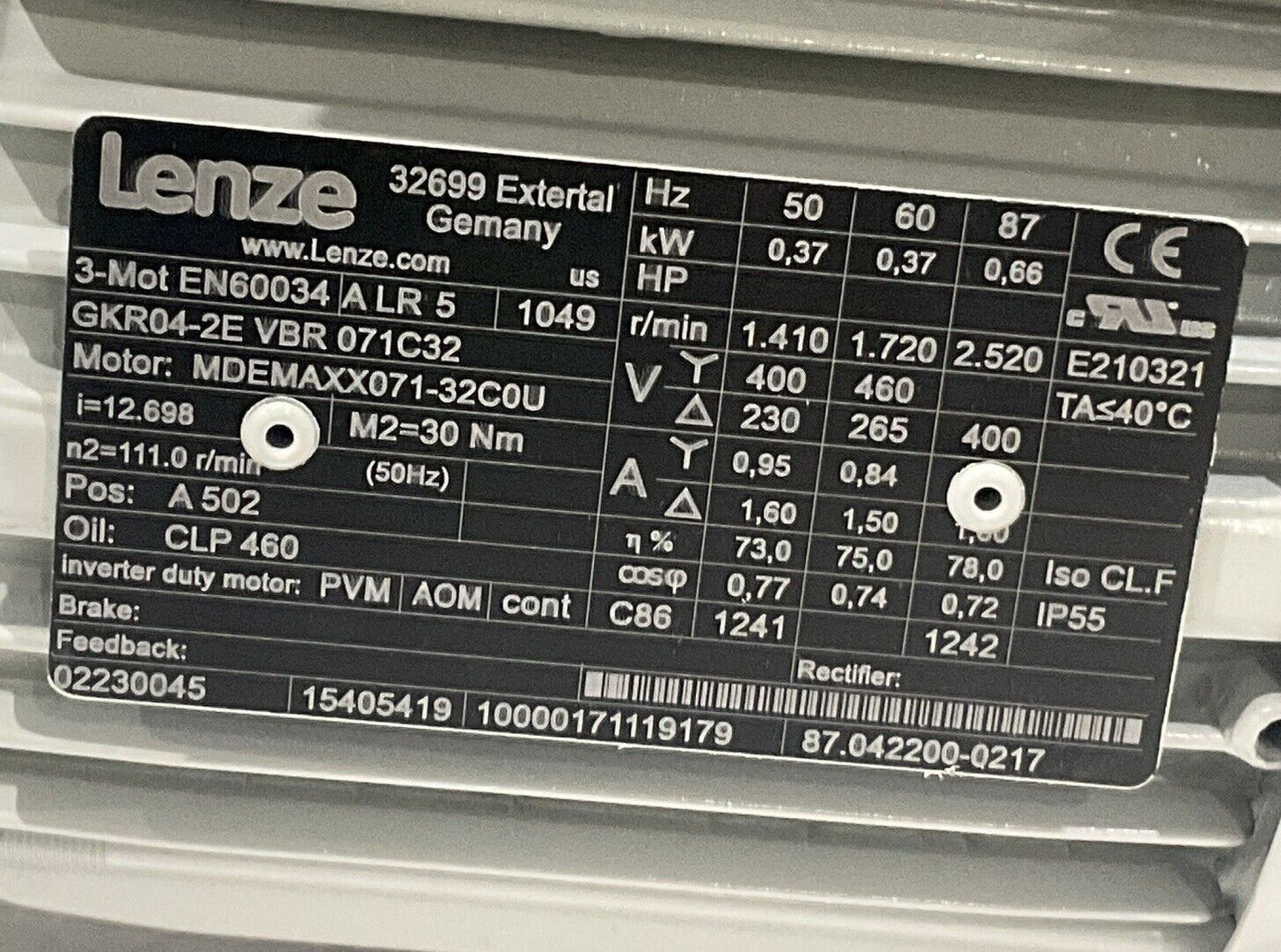 LENZE GKR04-2E VBR 071C32 GEAR MOTOR GEARBOX U3S