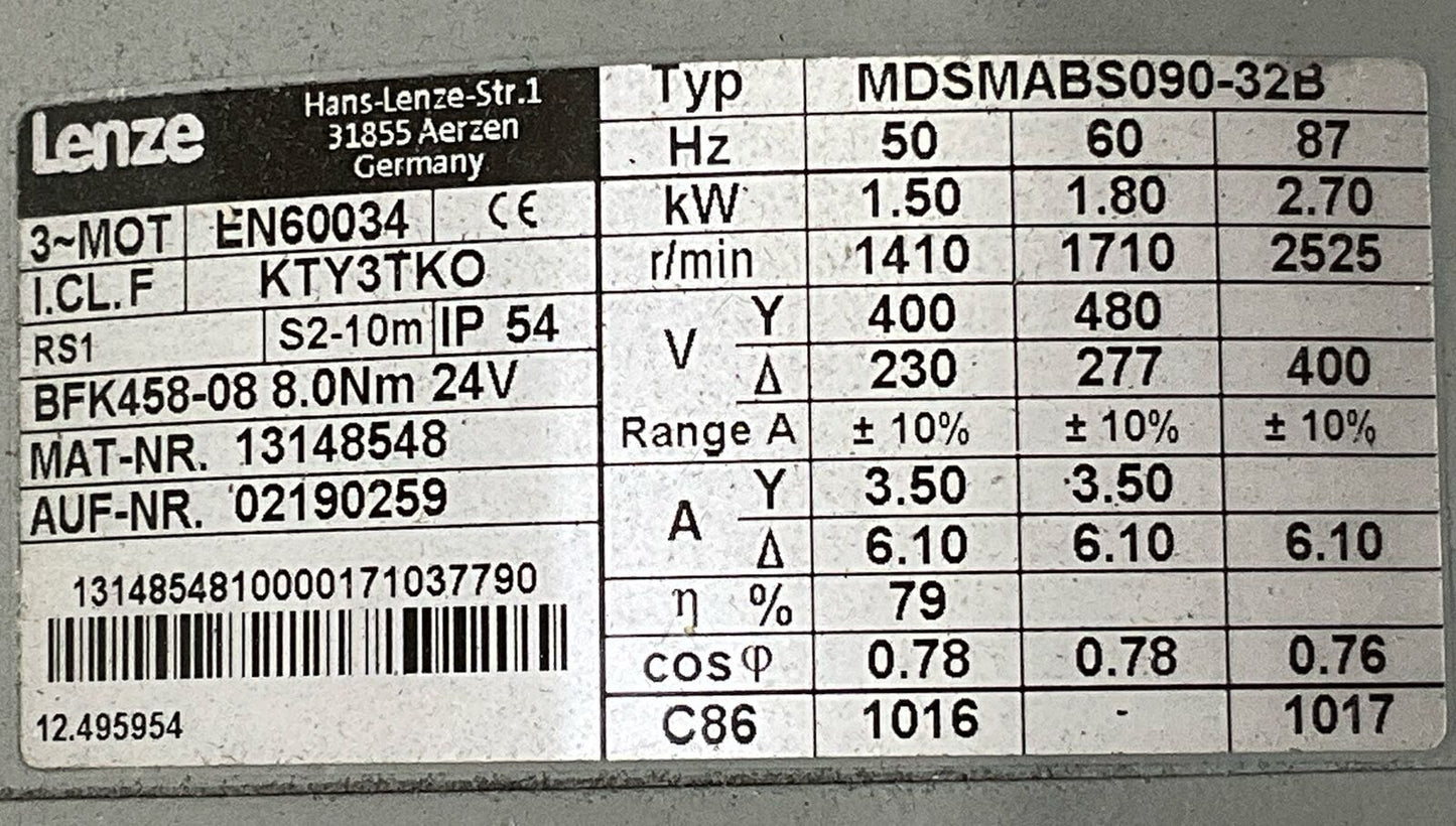 LENZE MDSMABS090-32B MOTOR U3S