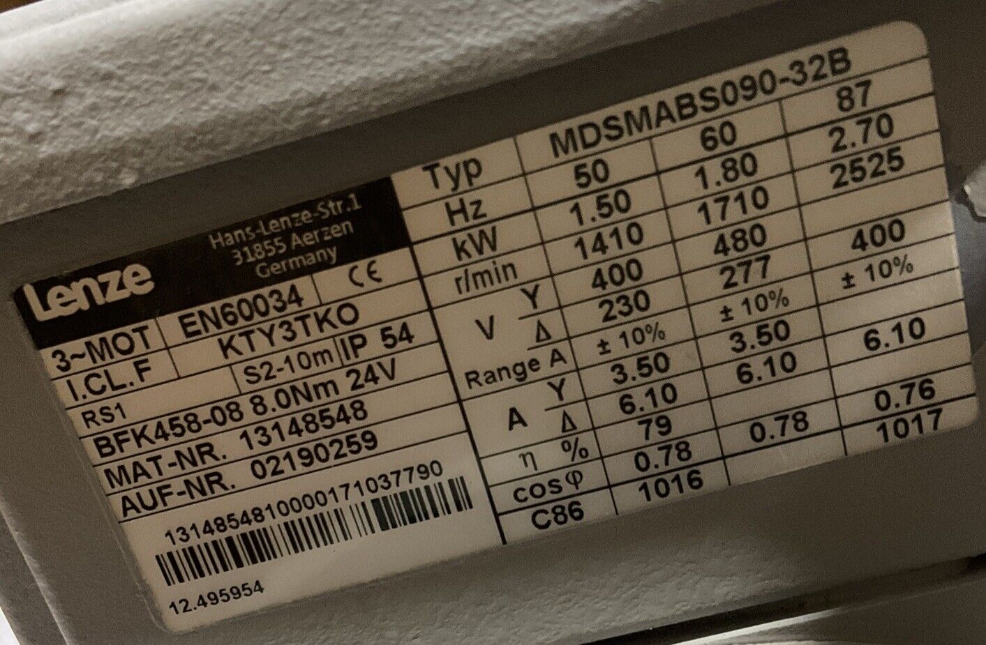 LENZE MDSMABS090-32B MOTOR U3S