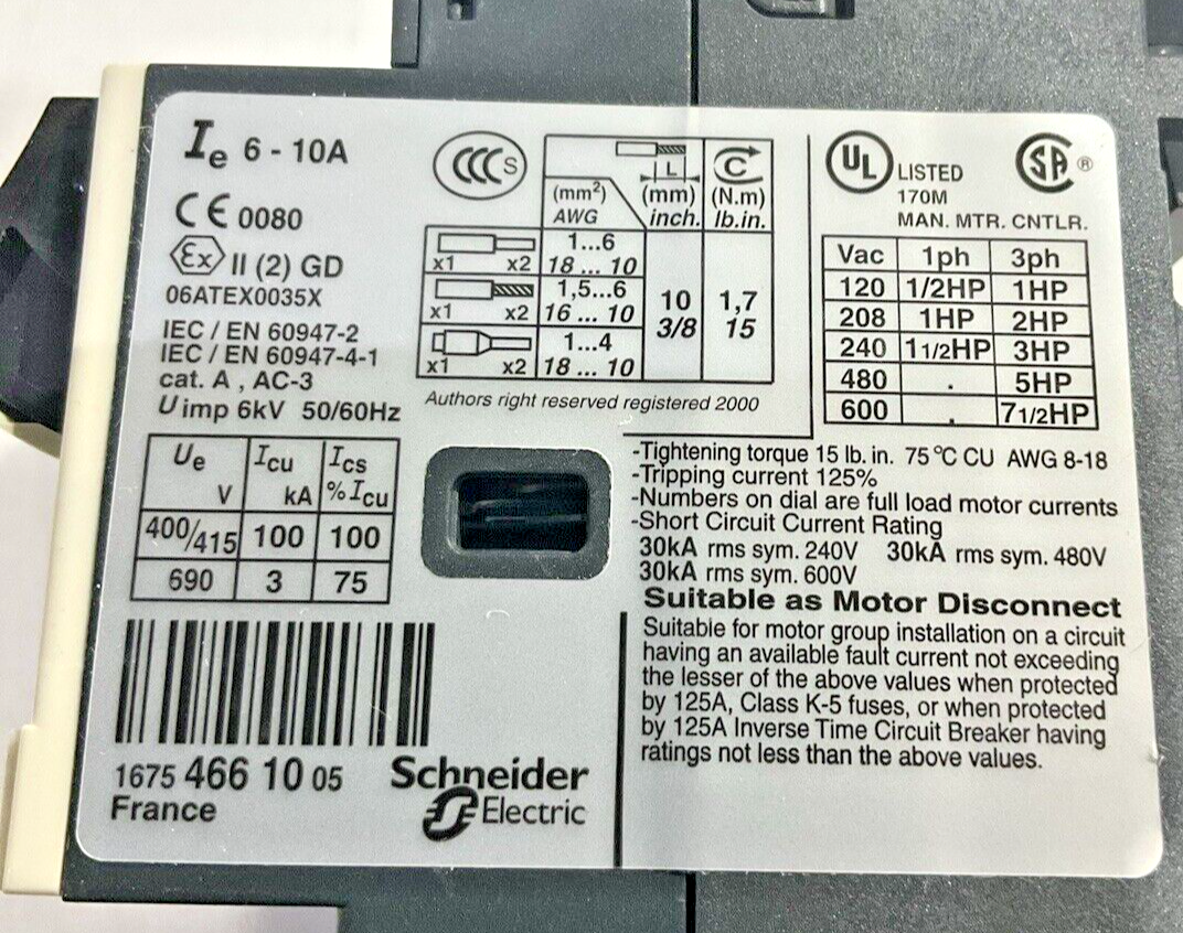 TELEMECANIQUE 06ATEX0035X GV2ME14  MOTOR  CIRCUIT BREAKER U3S