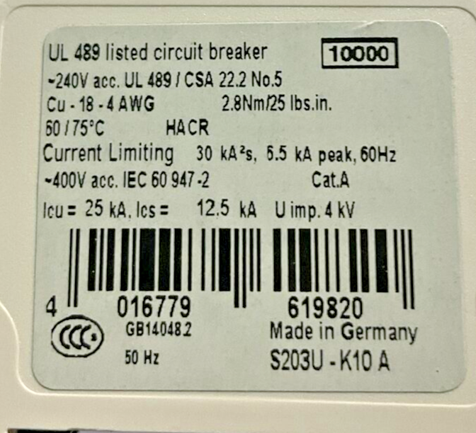 ABB  S203U-K10 10A 3 POLE CIRCUIT BREAKER  U3S