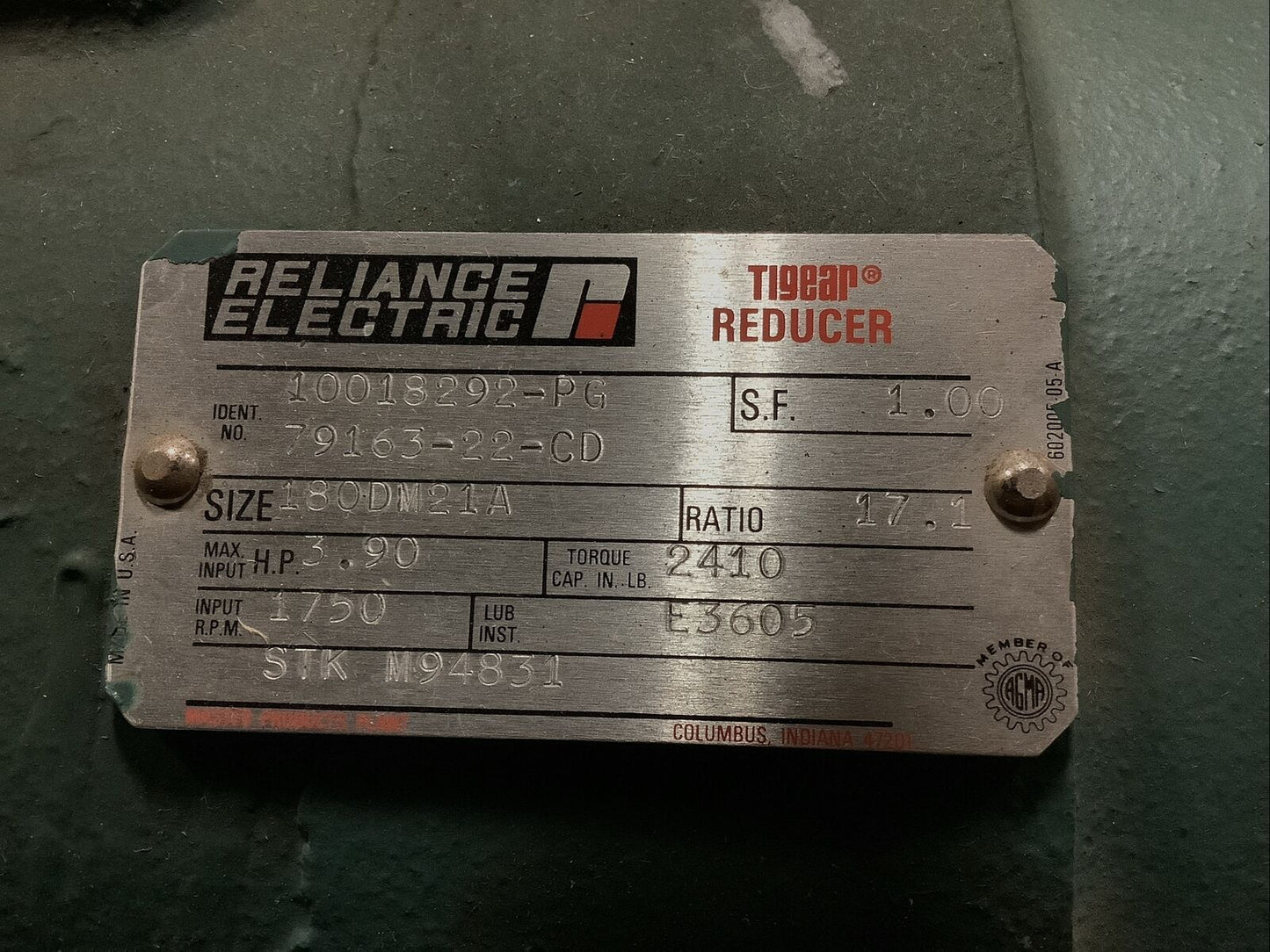 RELIANCE ELECTRIC 79163-22-CD TIGEAR REDUCER 3.9HP 1750RPM 17.1 RATIO U3S