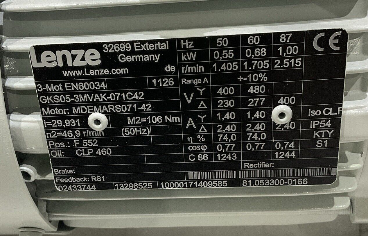 LENZE GKS05-3MVAK-071C42 3-MOT EN60034 GEARBOX MOTOR MDEMARS071-42 U3S