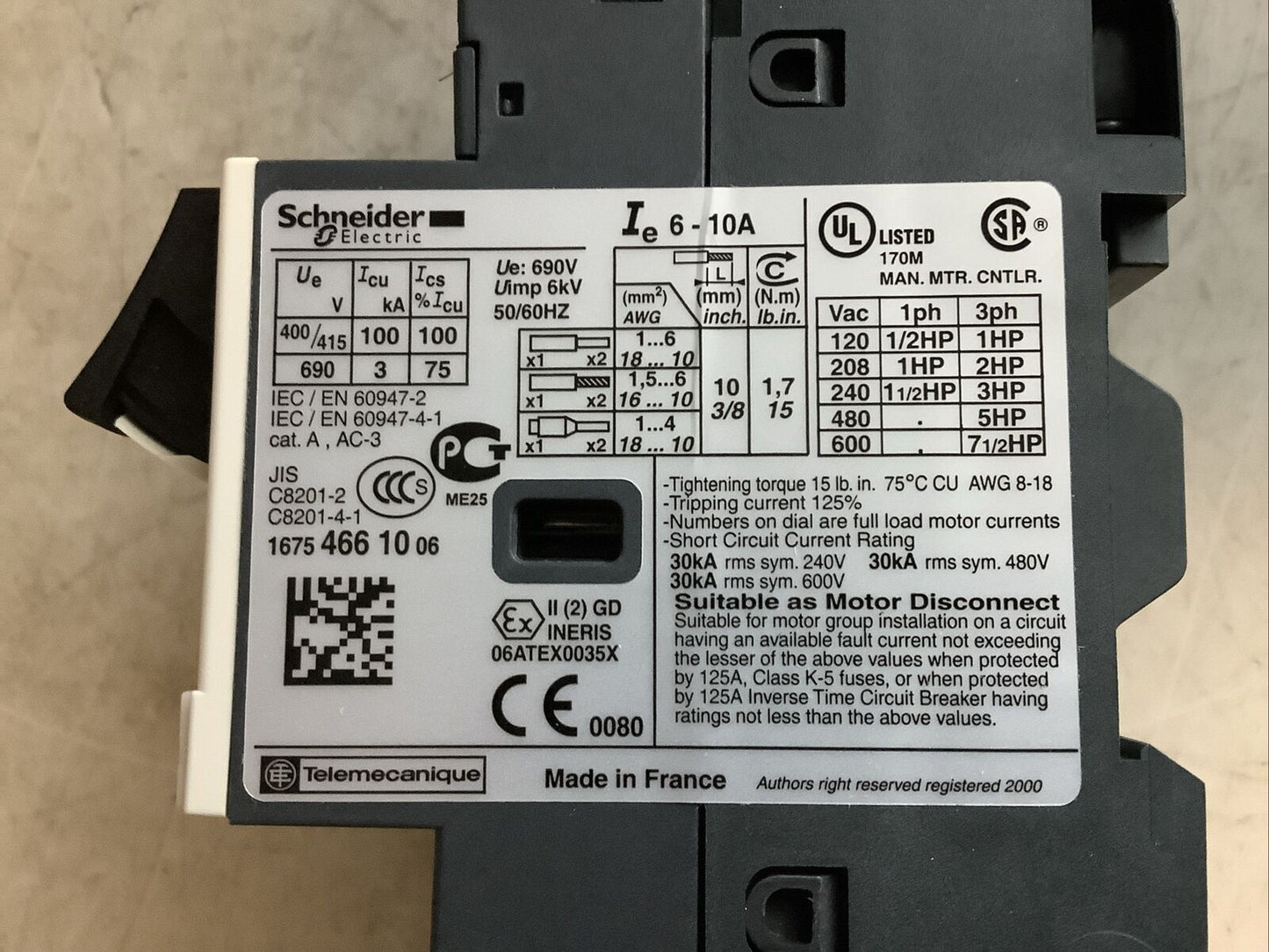 SCHNEIDER ELECTRIC GV2ME14 MOTOR CIRCUIT BREAKER 6-10A U3S