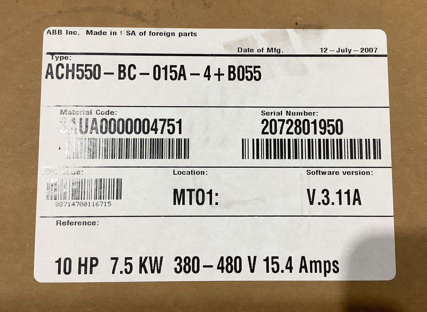 ABB ACH550-BC-015A-4+B055 HVAC DRIVE 10HP 7.5KW 380-480V 15.4A