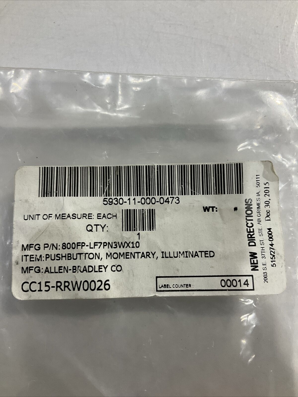 A-B 800FP-LF7PN3WX10 PUSH BUTTON  MOMENTARY  ILLUMINATED  U3S