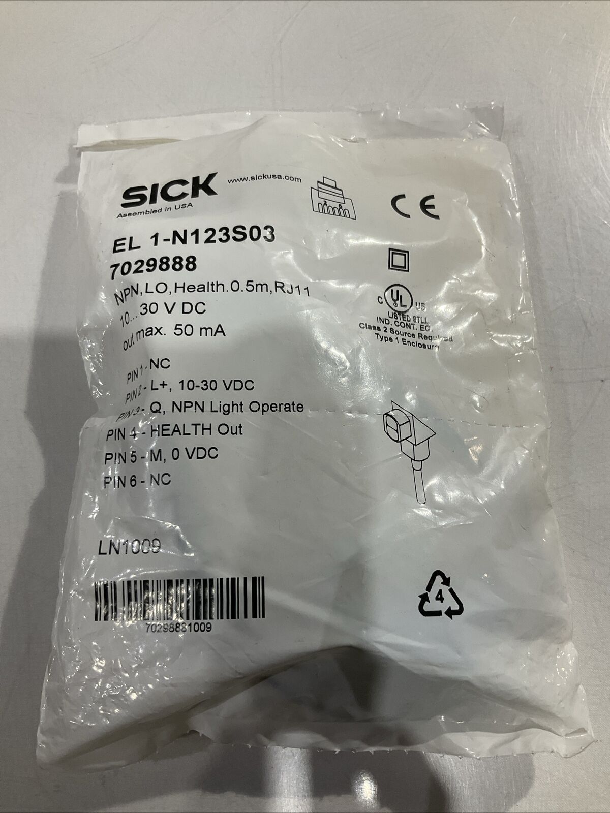 SICK EL1-N123S03  PHOTO EYE POLARIZED RETRO REFLECTIVE LIGTH OPERATE 30VD U3S