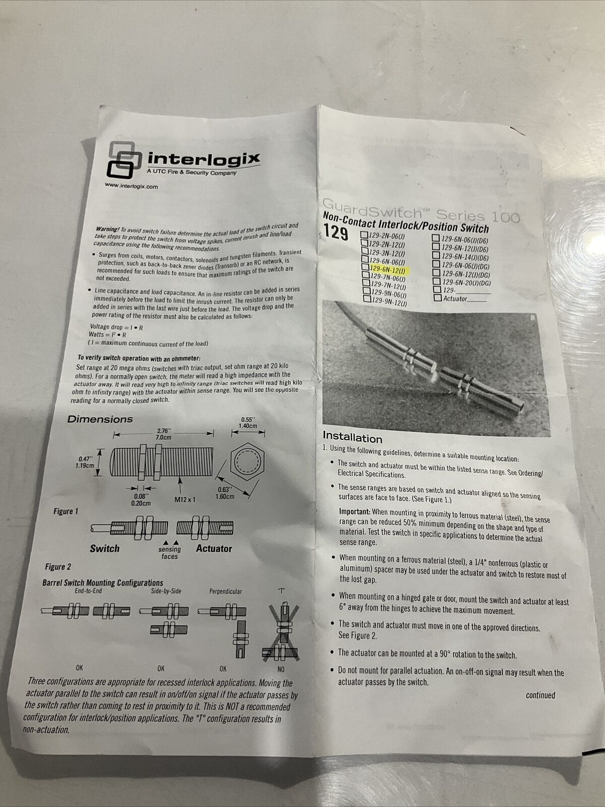 INTERLOGIX 129-6N-12(J)  006094-13  SENSOR MAGNETIC 12MM U3S
