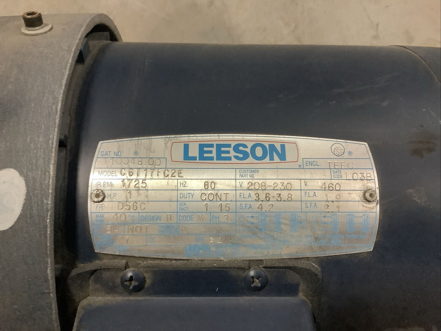 LEESON C6T17FC2E MOTOR 1HP 208-230V D56CFR 3PH 1725RPM 60HZ TEFC U3S