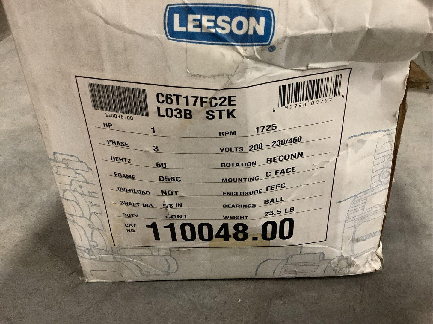 LEESON C6T17FC2E MOTOR 1HP 208-230V D56CFR 3PH 1725RPM 60HZ TEFC U3S