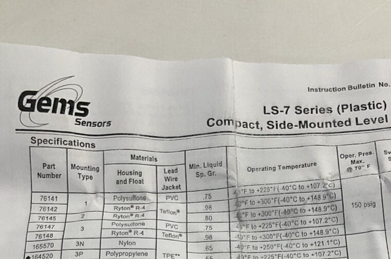 GEMS SENSORS LS-7 163K009H01  OIL LEVEL  SWITCH  U3S