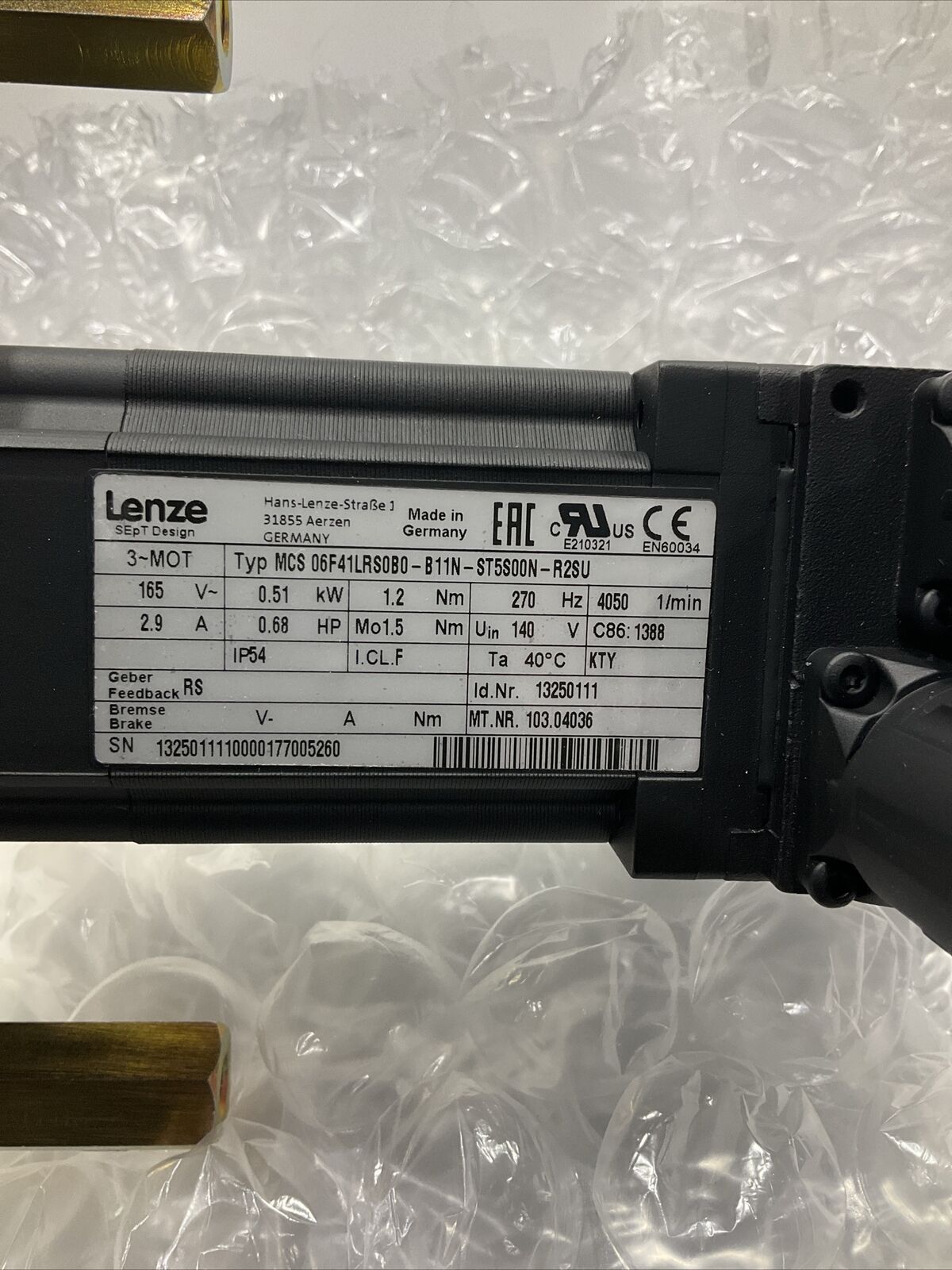 LENZE MCS 06F41LRS0B0-B11N MOTOR ASSY,PERFORATED BELT  165V U3S