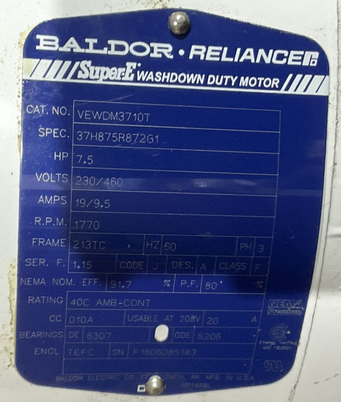 BALDOR RELIANCE VEWDM3710T WASHDOWN MOTOR 7.5HP 208-230/460V 1755 RPM U4M