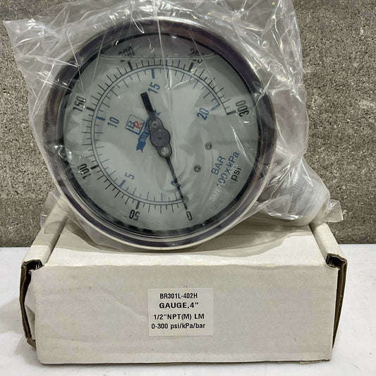 BLUE RIBBON BR301L-402H LIQUID FILLED PRESSURE GAUGE 0-300 PSI 1/2” G7T