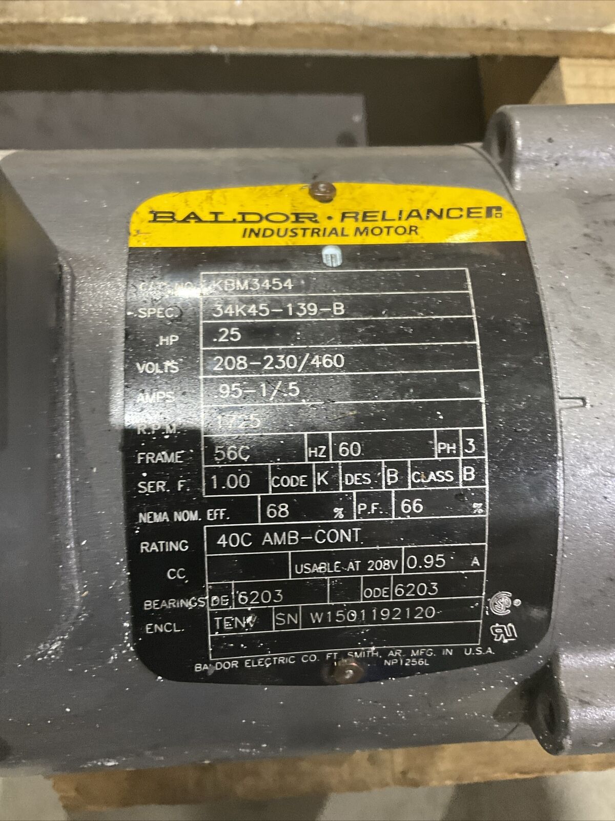 BALDOR RELIANCE KBM3454 .25HP INDUSTRIAL MOTOR W STEARNS 1048BK6101BP BRAKE  U4M