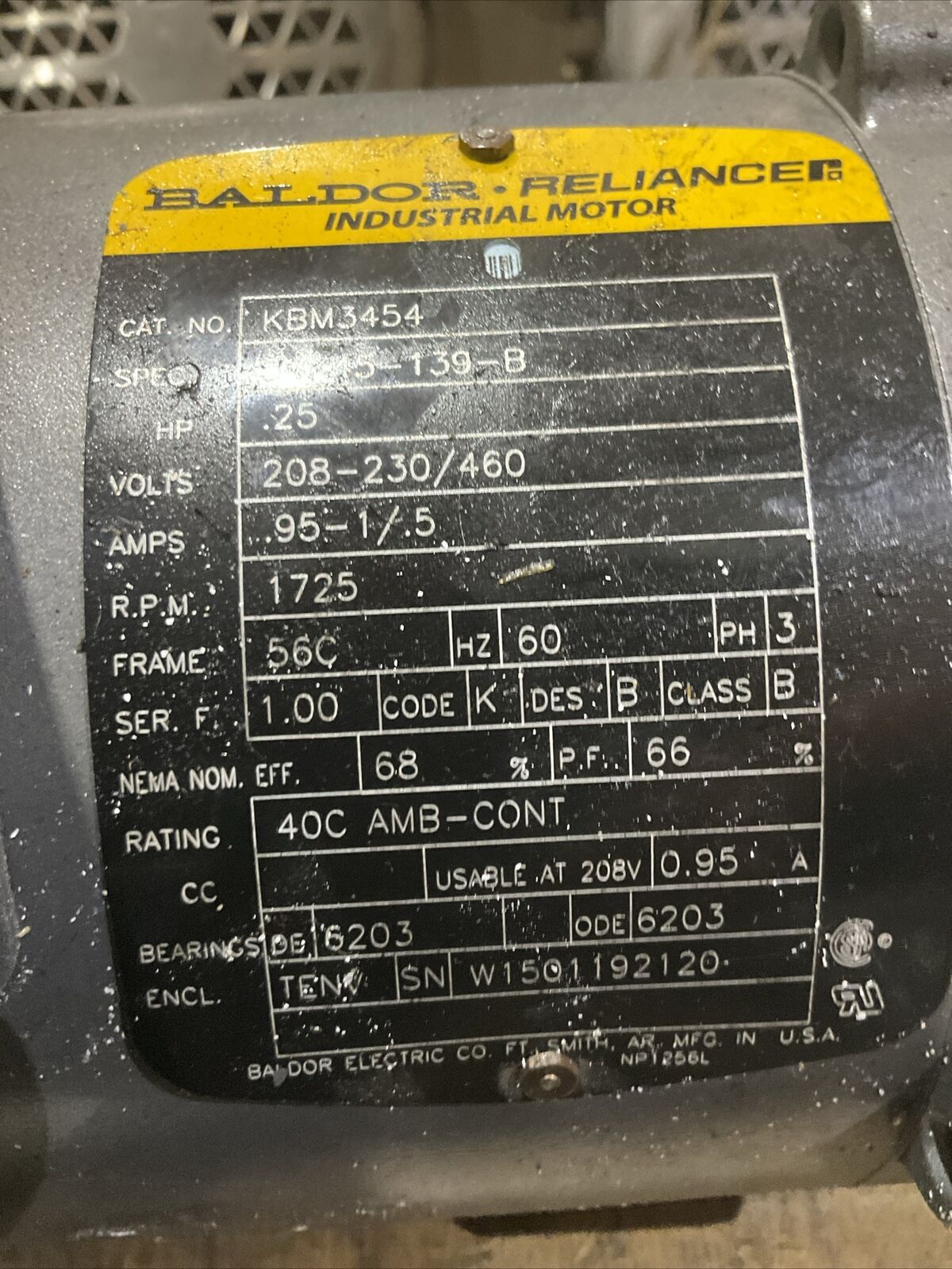 BALDOR RELIANCE KBM3454 .25HP INDUSTRIAL MOTOR W STEARNS 1048BK6101BP BRAKE  U4M