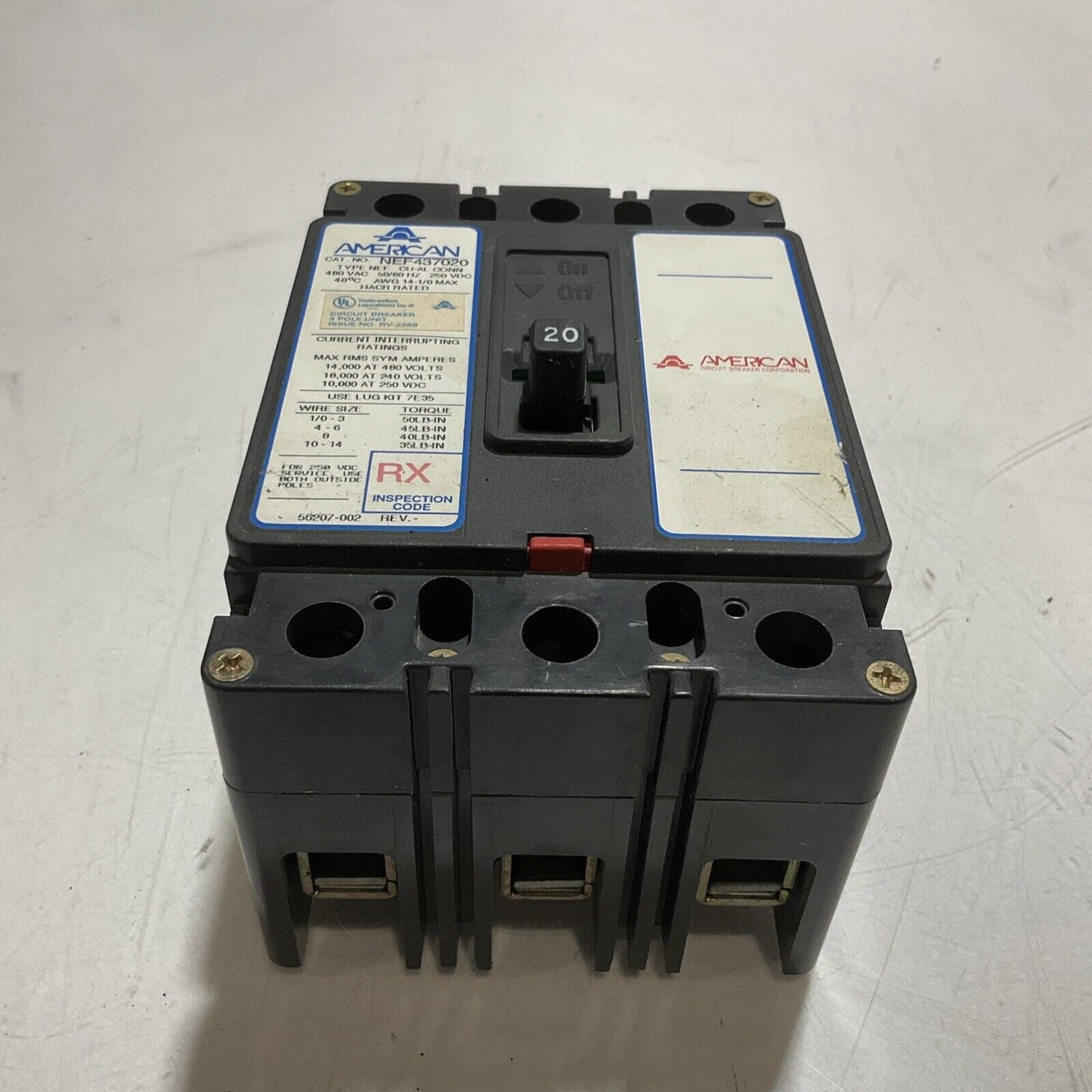 AMERICAN  NEF437020 20A CIRCUIT BREAKER 3POLES  250VOLTS  DC  U3S