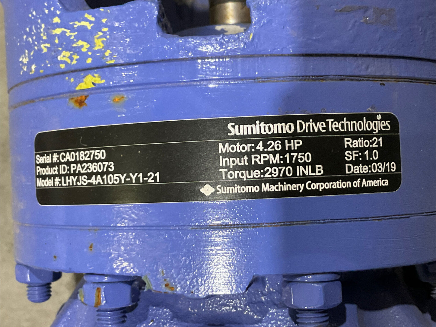 SUMITOMO LHYJS-4A105Y-Y1-21 4.26HP MOTOR 1750RPM RATIO 21:1 2970 INLB 222