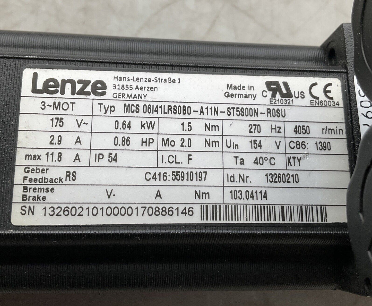 LENZE MCS 06I41LRSOBO-A11N-ST5S00N-R0SU SERVO MOTOR .86HP U3S