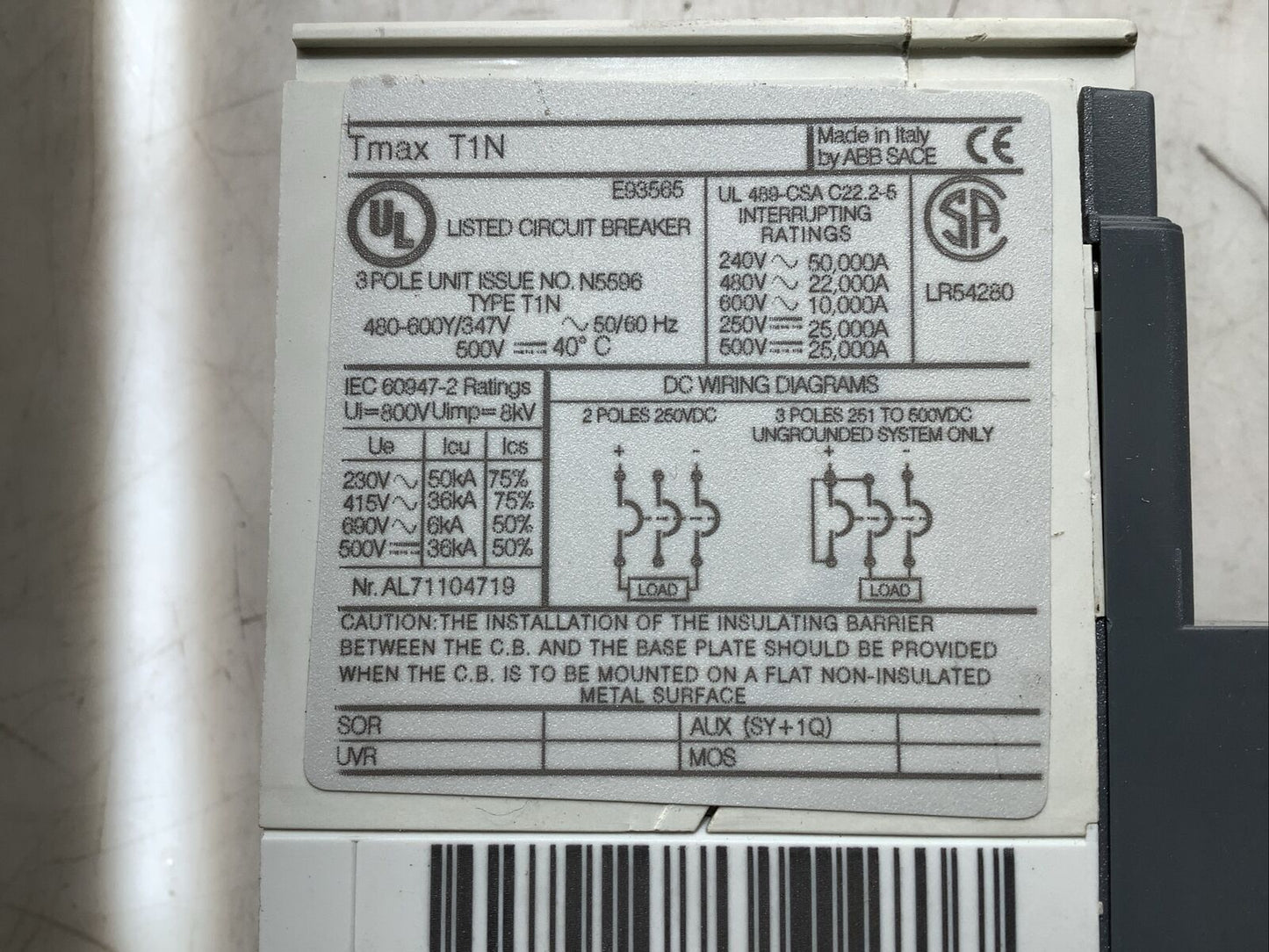 ABB SACE TMAX T1N CIRCUIT BREAKER 40A 3P U3S