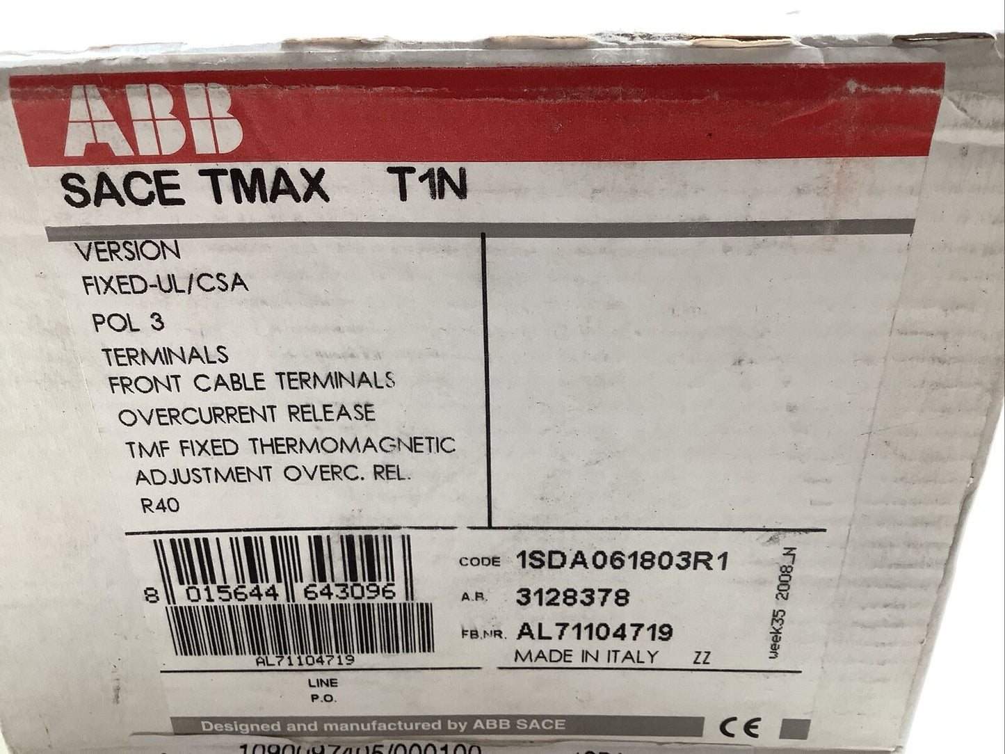 ABB SACE TMAX T1N CIRCUIT BREAKER 40A 3P U3S