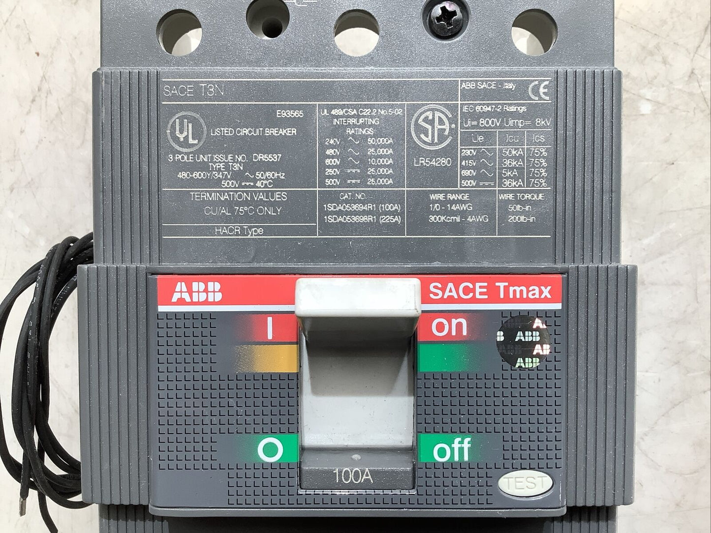 ABB SACE TMAX T3N 225 CIRCUIT BREAKER 100A 3P U3S