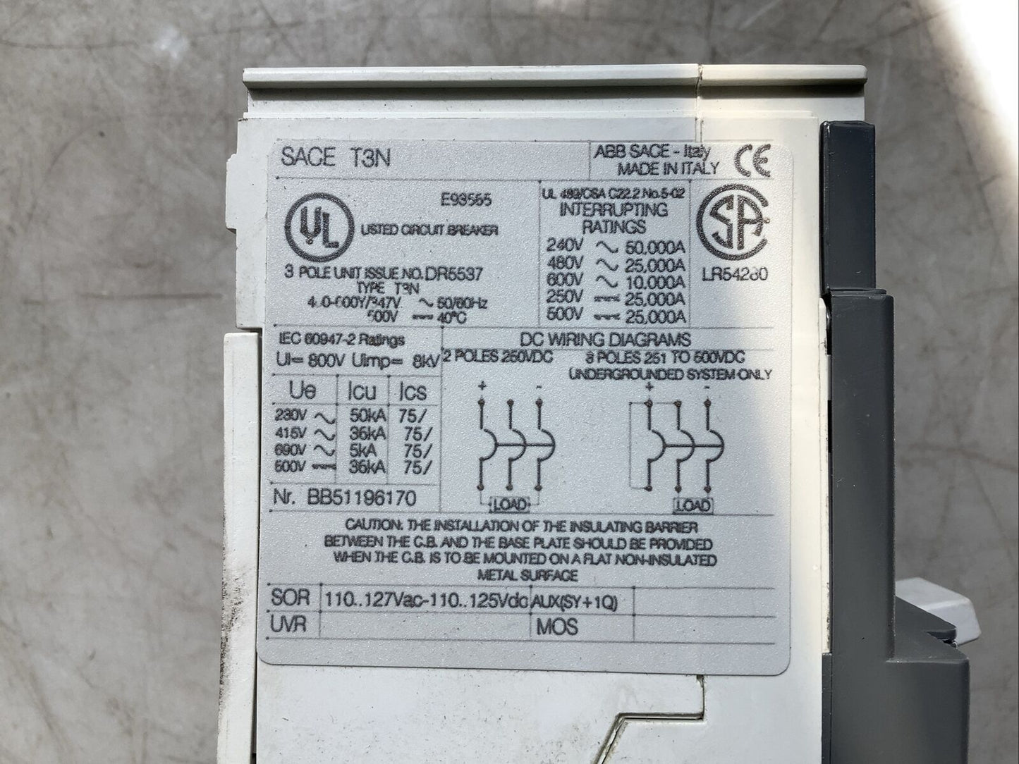 ABB SACE TMAX T3N 225 CIRCUIT BREAKER 100A 3P U3S